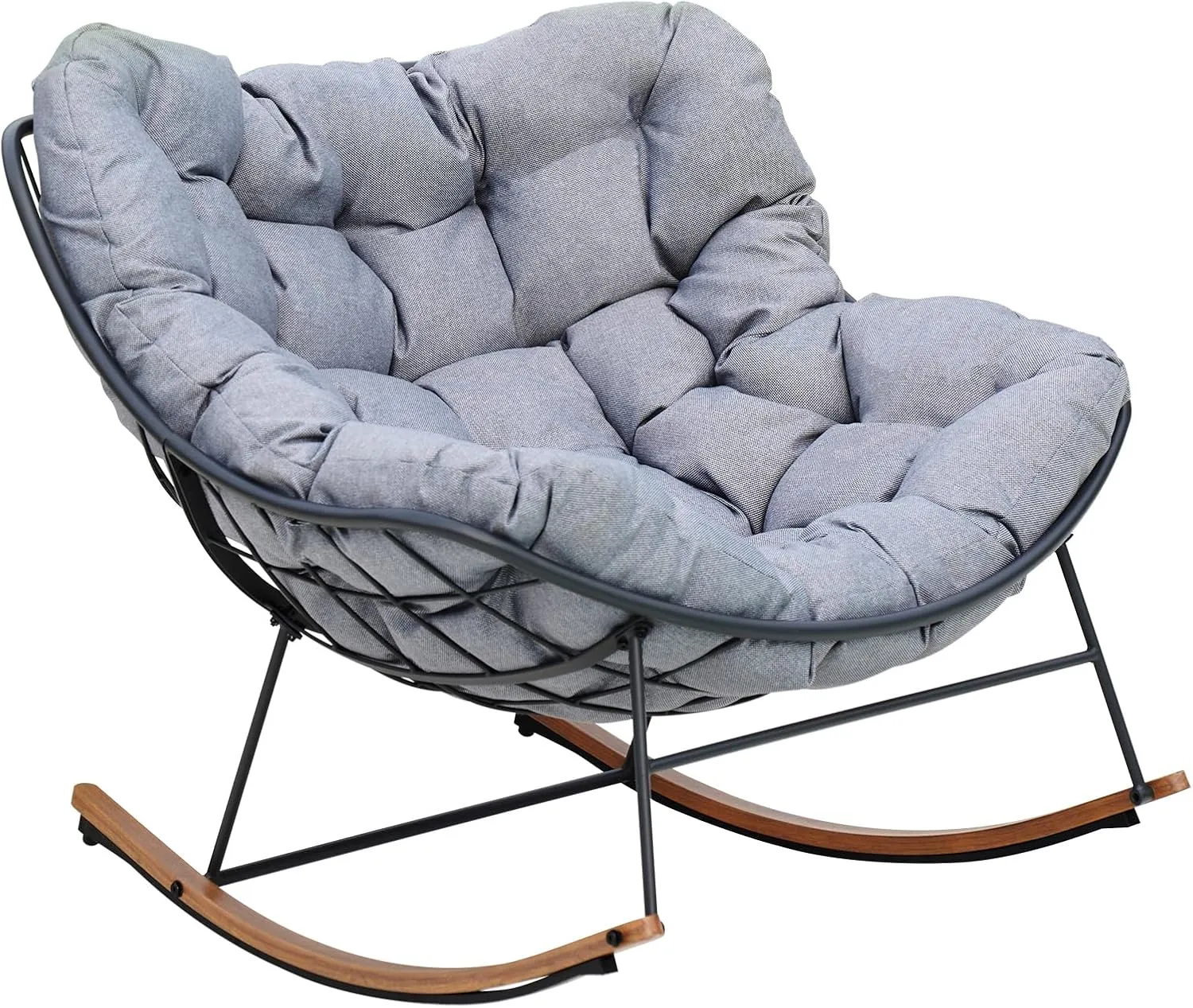 Grand patio Rocking Chair Outdoor, E-Coated Papasan Rocking Chair with Cushion, Outdoor Oversized Recliner Rocker for Patio Porch Garden Backyard, Grey