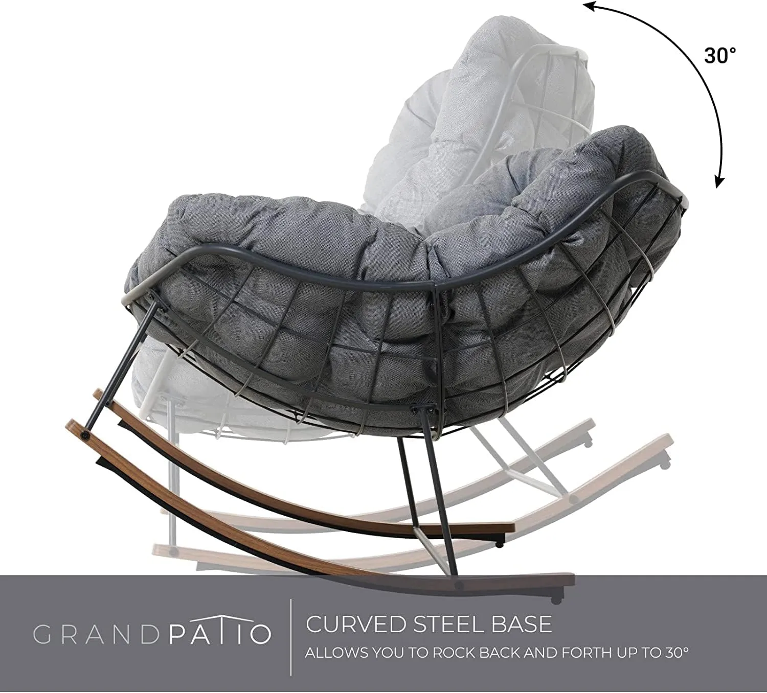 Grand patio Rocking Chair Outdoor, E-Coated Papasan Rocking Chair with Cushion, Outdoor Oversized Recliner Rocker for Patio Porch Garden Backyard, Grey