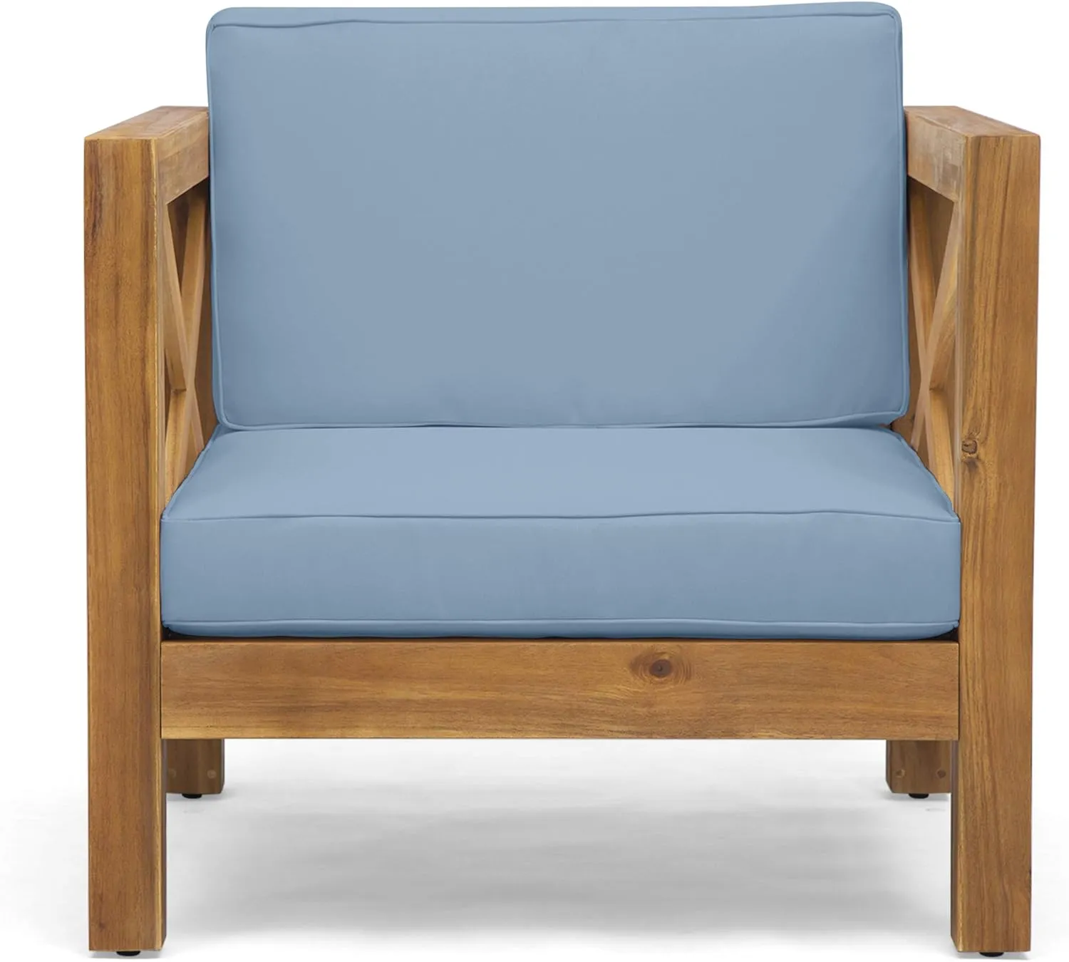Great Deal Furniture Indira Outdoor Acacia Wood Club Chair with Cushion, Teak Finish and Blue