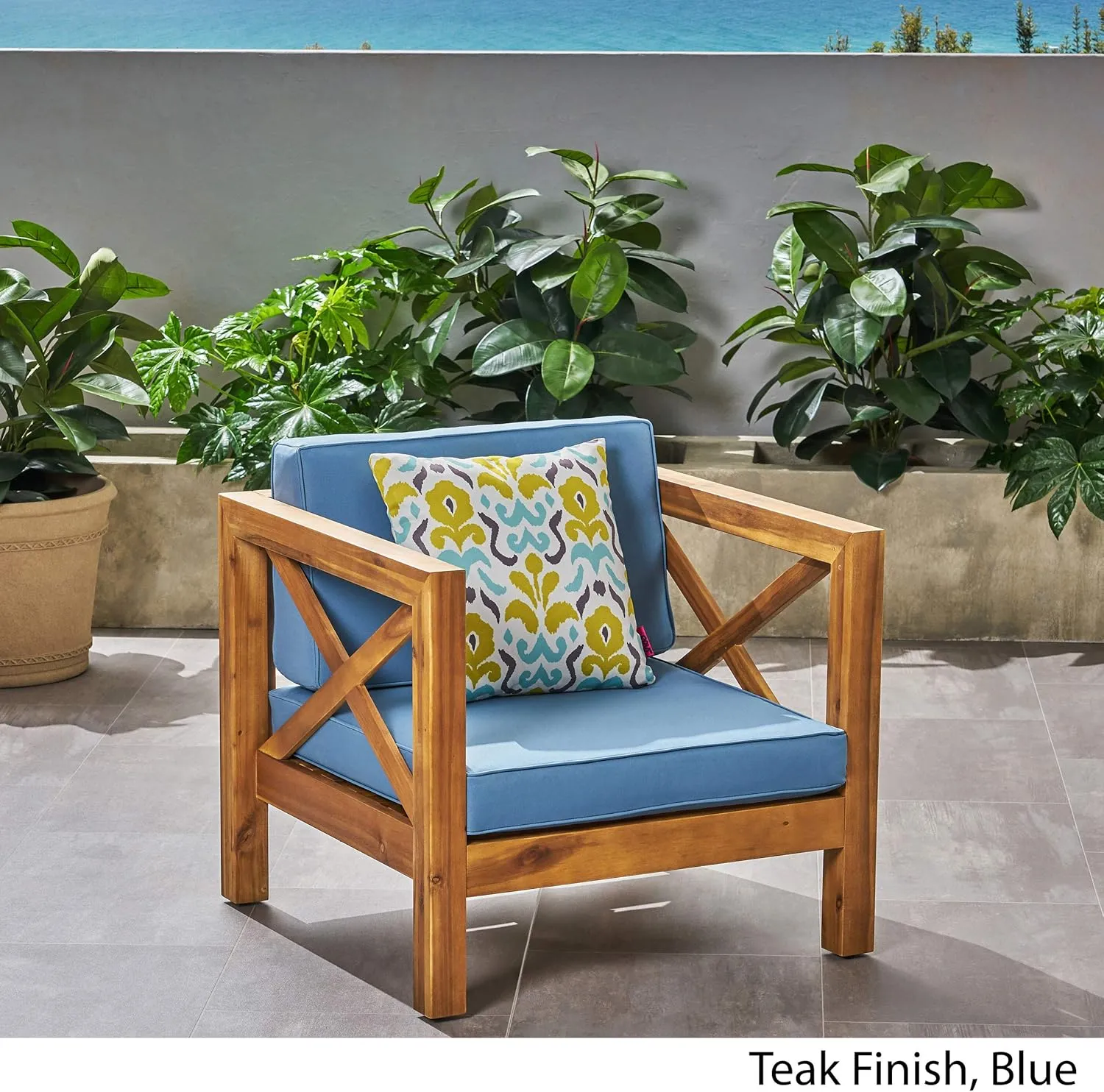 Great Deal Furniture Indira Outdoor Acacia Wood Club Chair with Cushion, Teak Finish and Blue