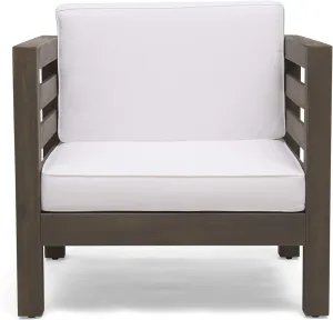 Great Deal Furniture Louise Outdoor Acacia Wood Club Chair with Cushion, Gray Finish and White, (308367)