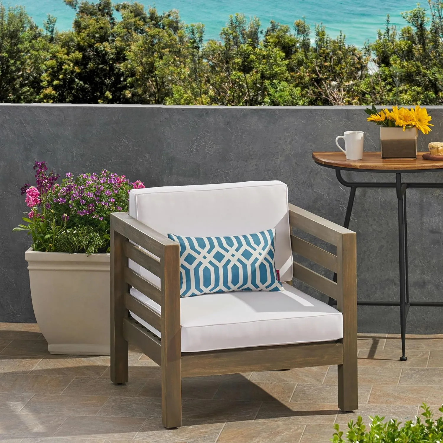Great Deal Furniture Louise Outdoor Acacia Wood Club Chair with Cushion, Gray Finish and White, (308367)