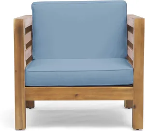 Great Deal Furniture Louise Outdoor Acacia Wood Club Chair with Cushion, Teak Finish and Blue,308364