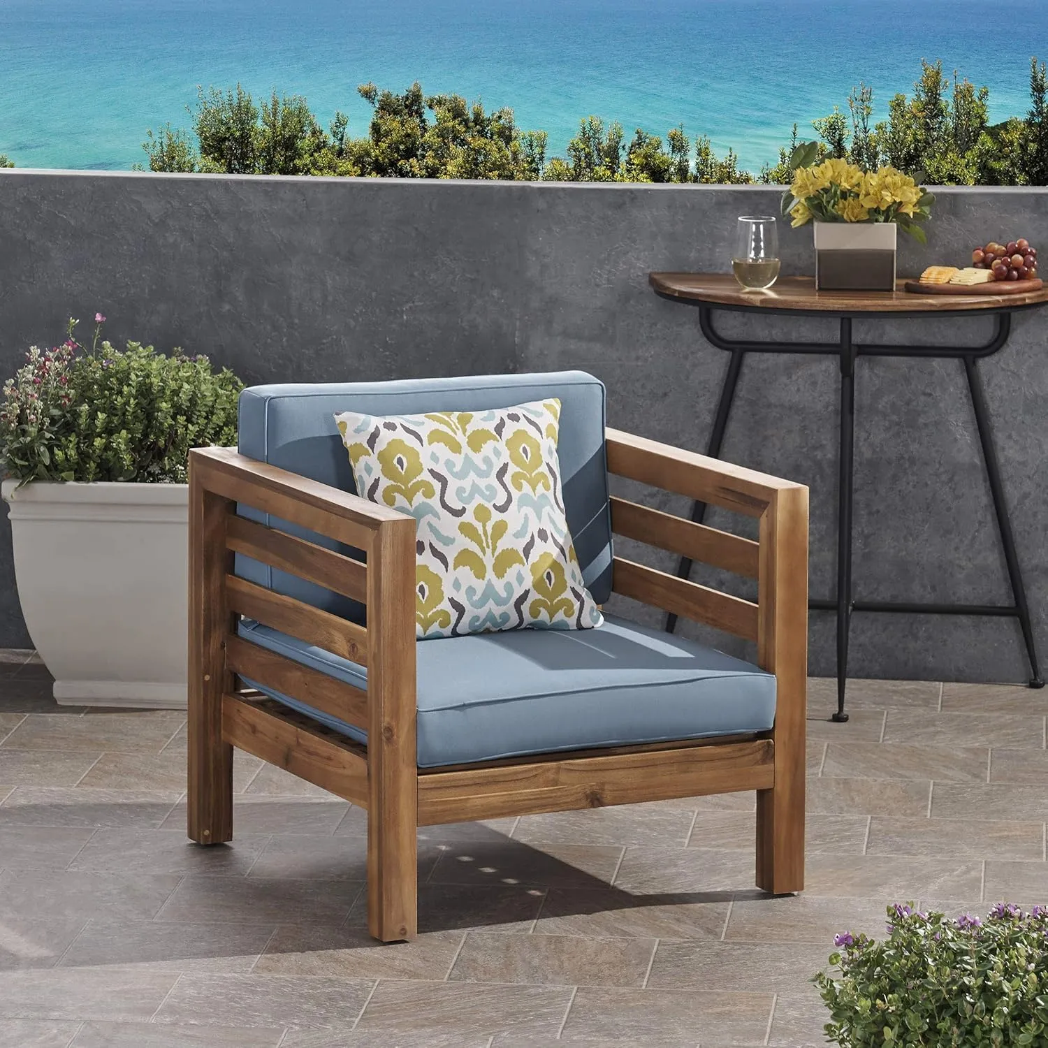 Great Deal Furniture Louise Outdoor Acacia Wood Club Chair with Cushion, Teak Finish and Blue,308364