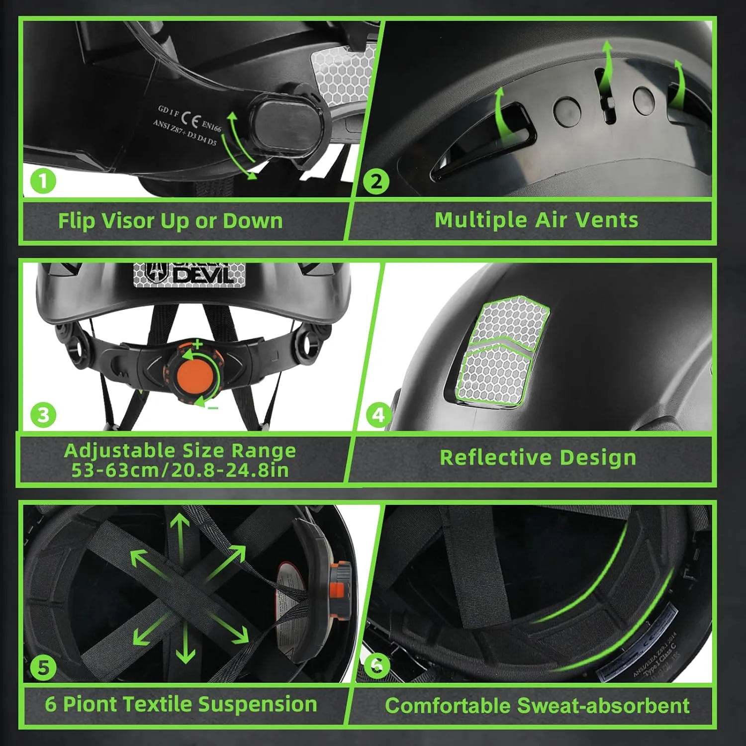 GREEN DEVIL Hard Hat Safety Helmet with Rechargeable Headlamp Light and Visor Ear Muffs Vented Work Hardhat ANSI Z89.1 Cascos De Construccion for Industrial Construction Forestry