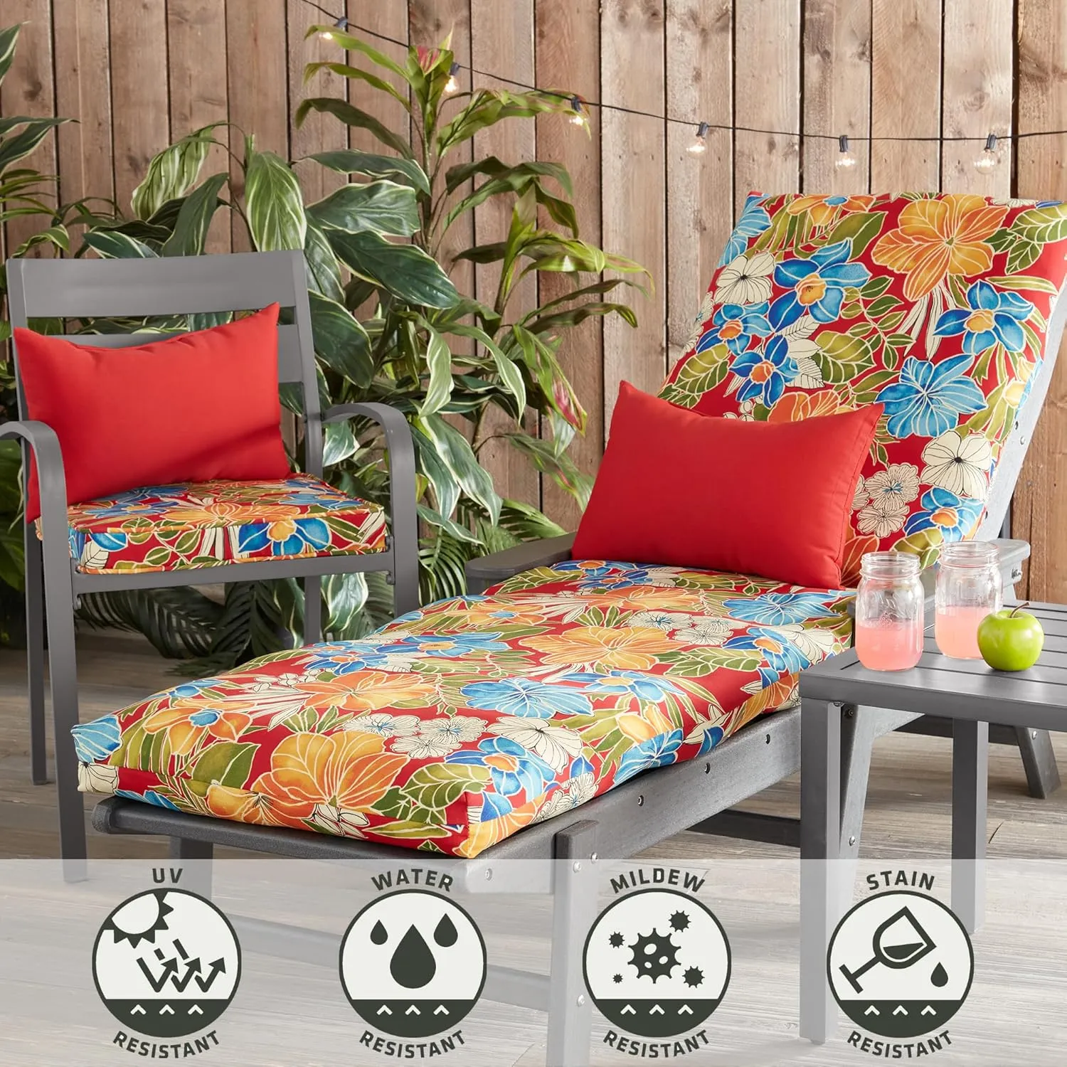 Greendale Home Fashions Outdoor 18-inch Square Reversible Seat Cushion with Ties, 2-Pack, Aloha Crimson 2 Count