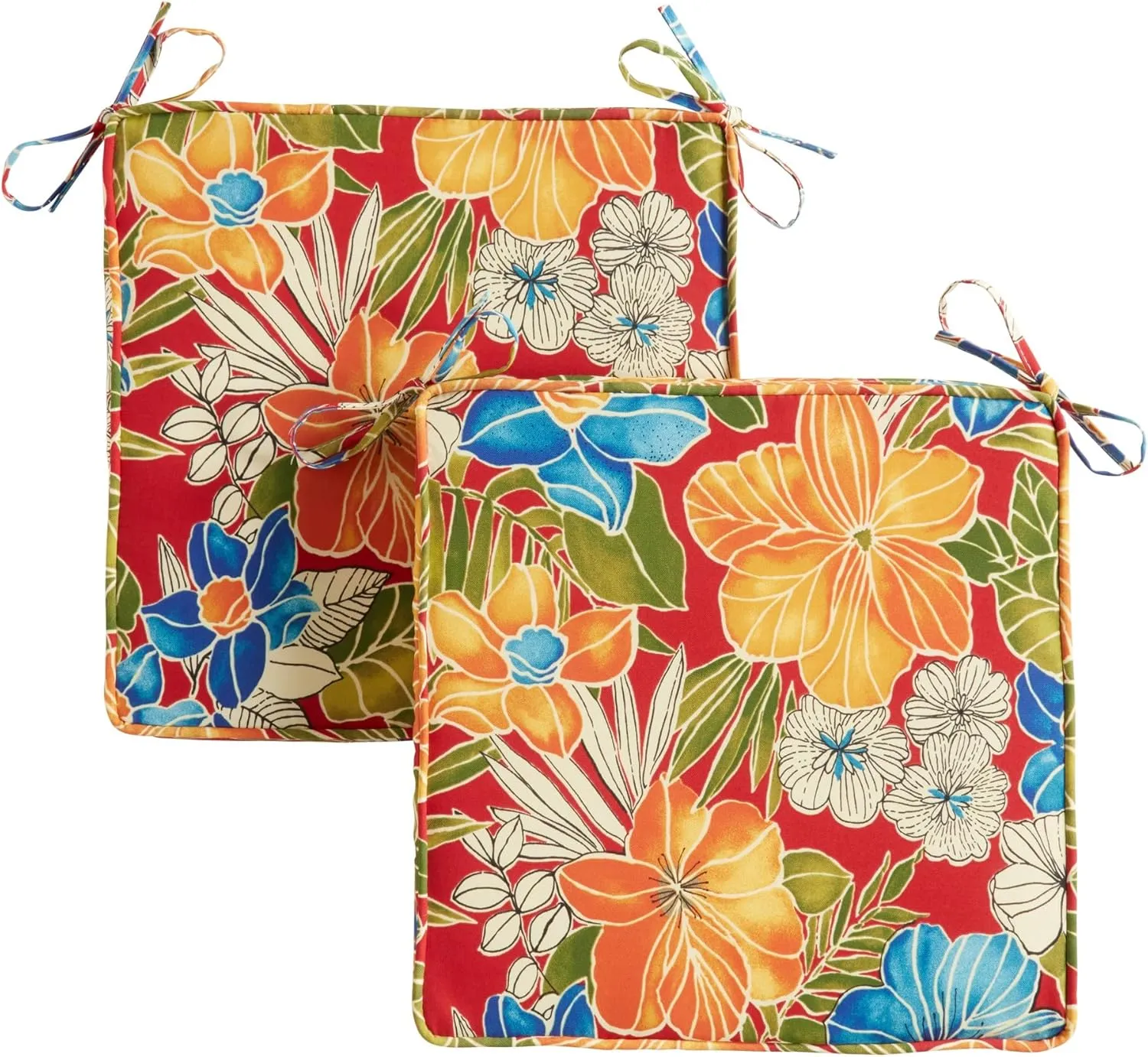 Greendale Home Fashions Outdoor 18-inch Square Reversible Seat Cushion with Ties, 2-Pack, Aloha Crimson 2 Count