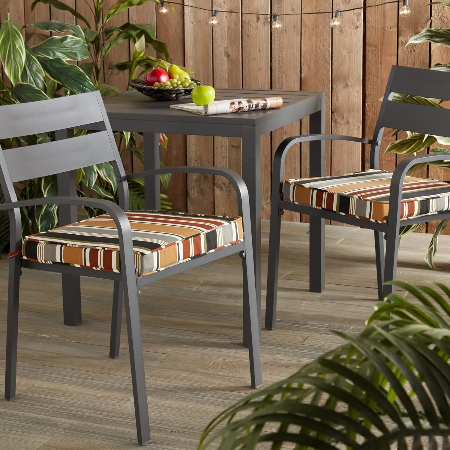 Greendale Home Fashions Outdoor 18-inch Square Reversible Seat Cushion with Ties, 2-Pack, Espresso Stripe 2 Count