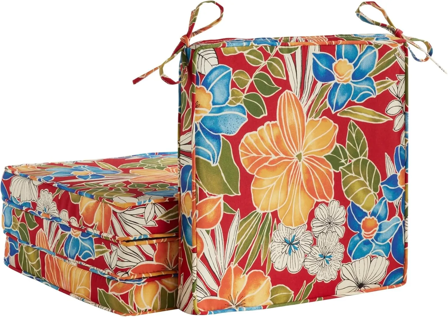 Greendale Home Fashions Outdoor 18-inch Square Reversible Seat Cushion with Ties, 4-Pack, Aloha Crimson 4 Count