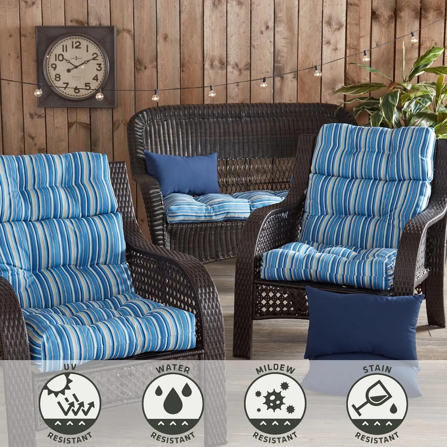 Greendale Home Fashions Outdoor 44 x 22-inch High Back Chair Cushion, Set of 2, Steel Blue Stripe 2 Count