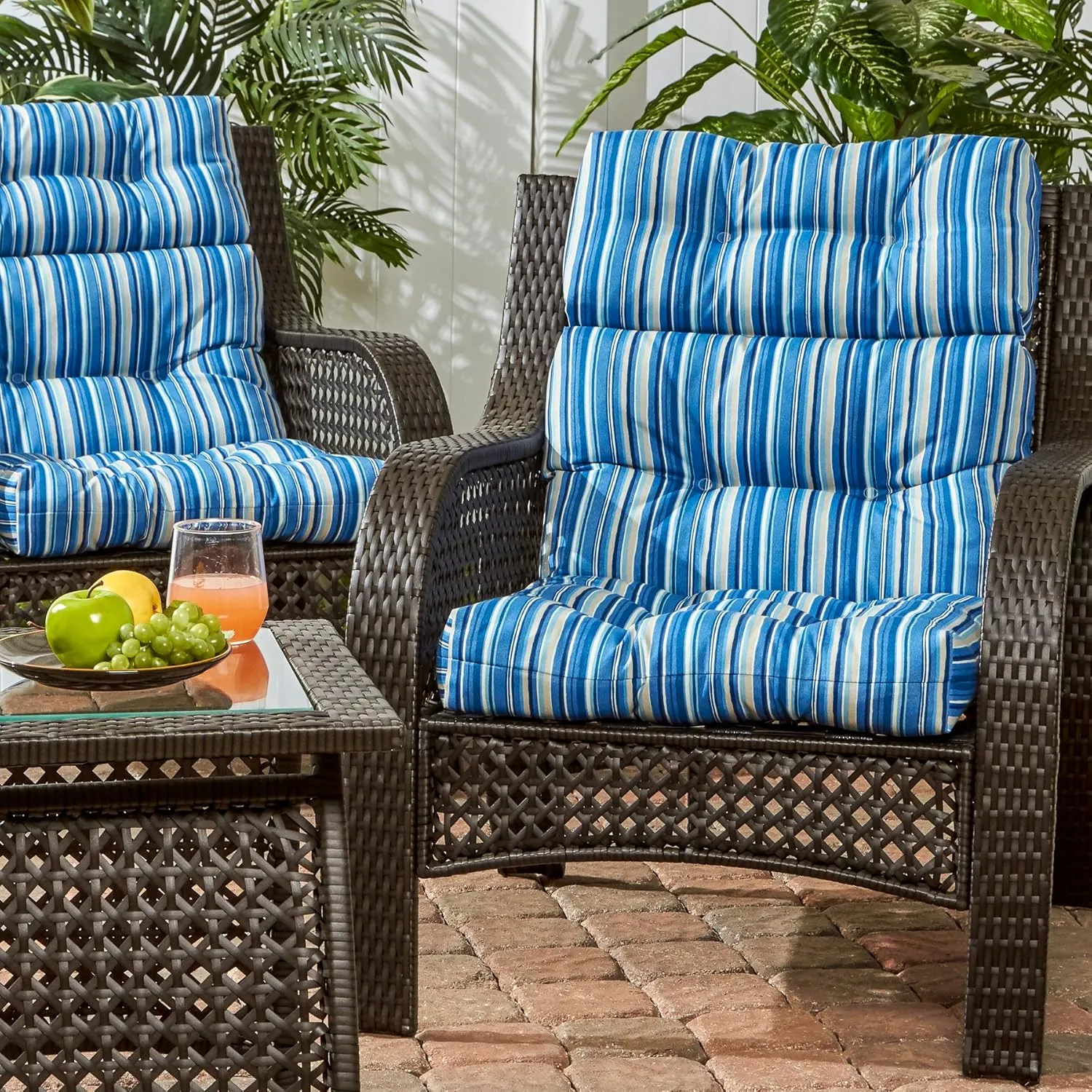 Greendale Home Fashions Outdoor 44 x 22-inch High Back Chair Cushion, Set of 2, Steel Blue Stripe 2 Count