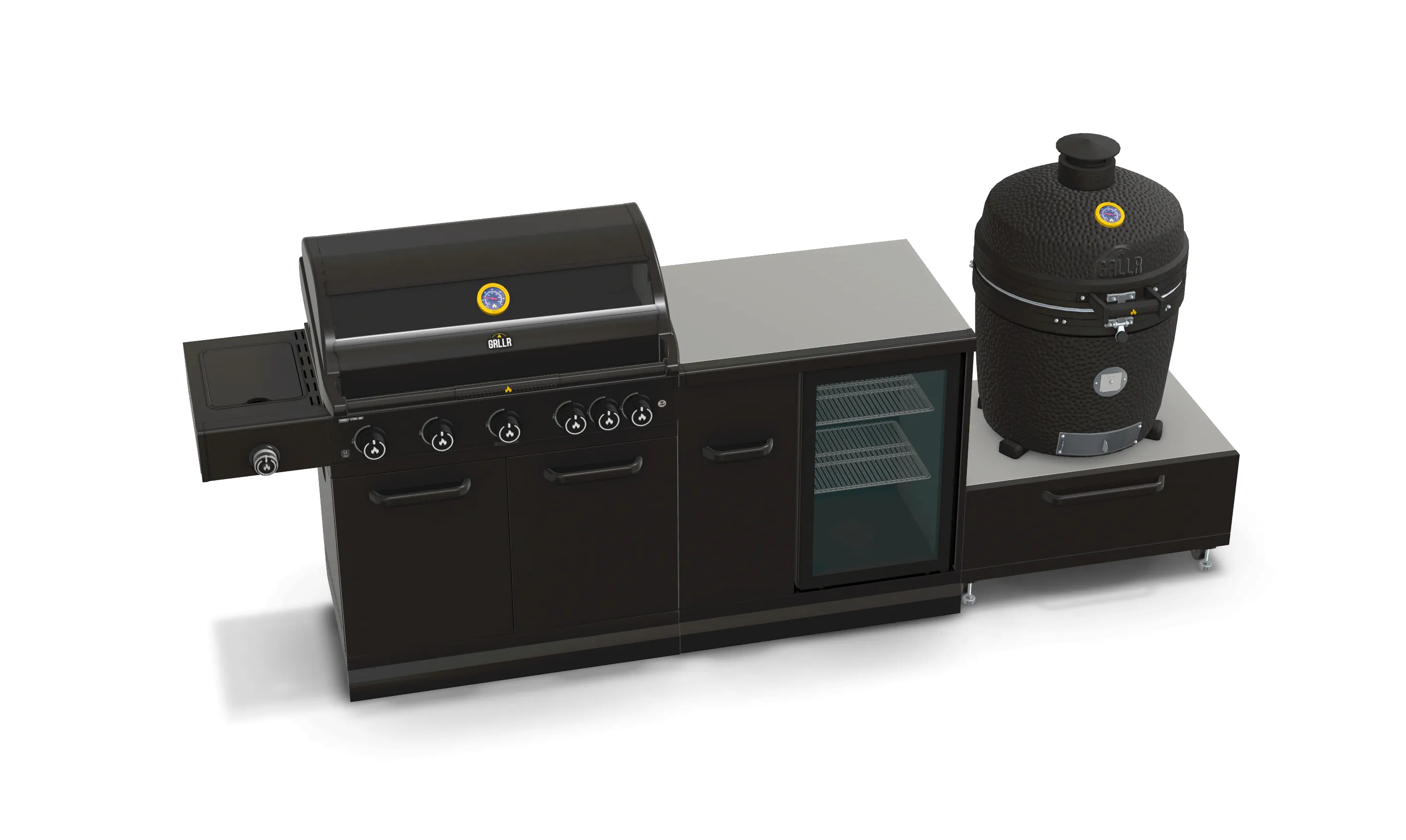GRLLR Outdoor Kitchen 5 Burner BBQ, Fridge and kamado