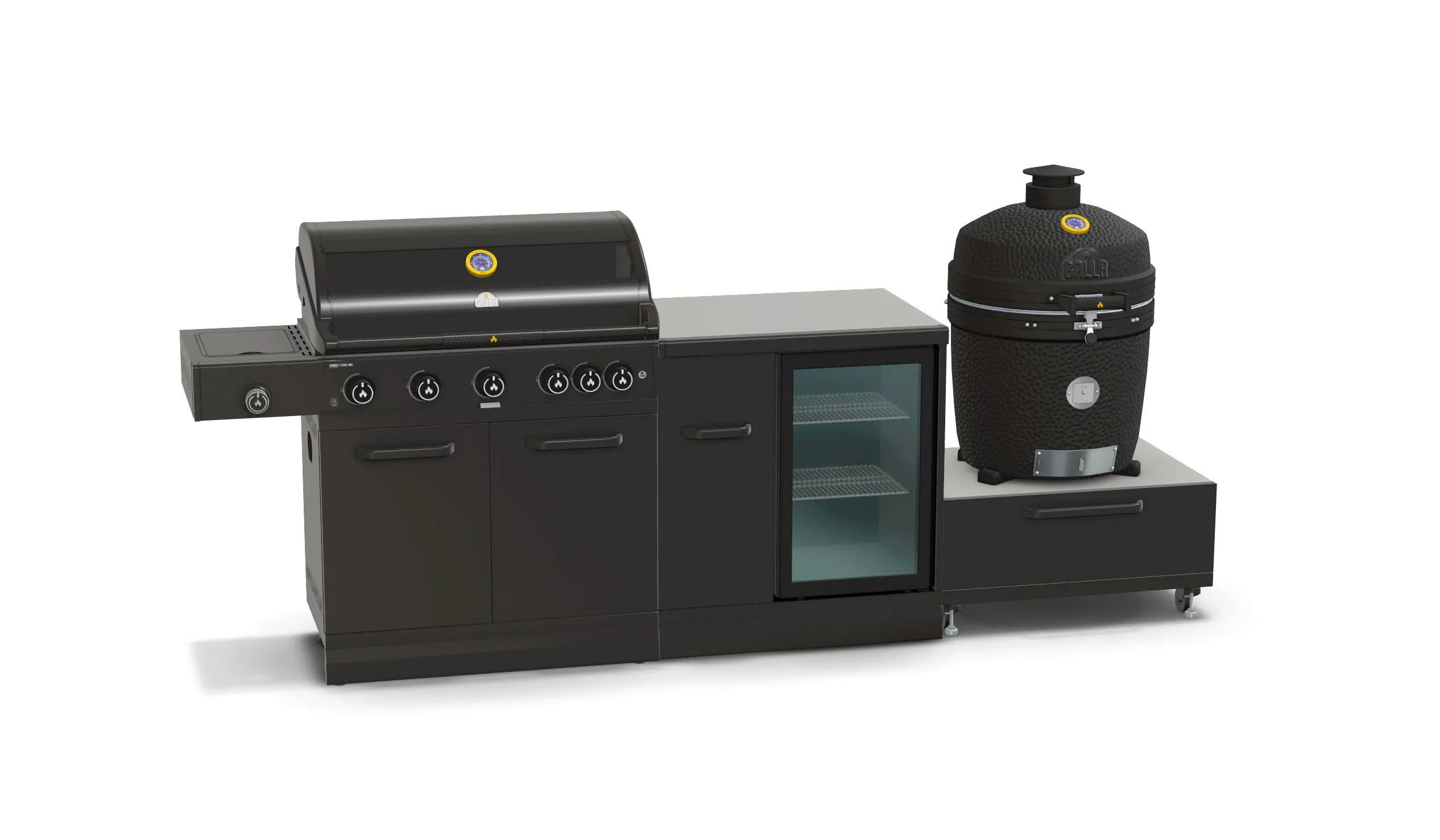 GRLLR Outdoor Kitchen 5 Burner BBQ, Fridge and kamado