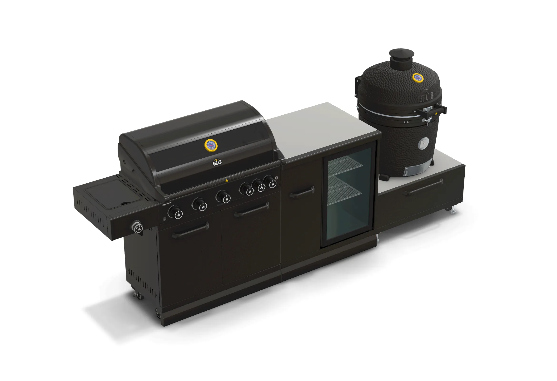 GRLLR Outdoor Kitchen 5 Burner BBQ, Fridge and kamado