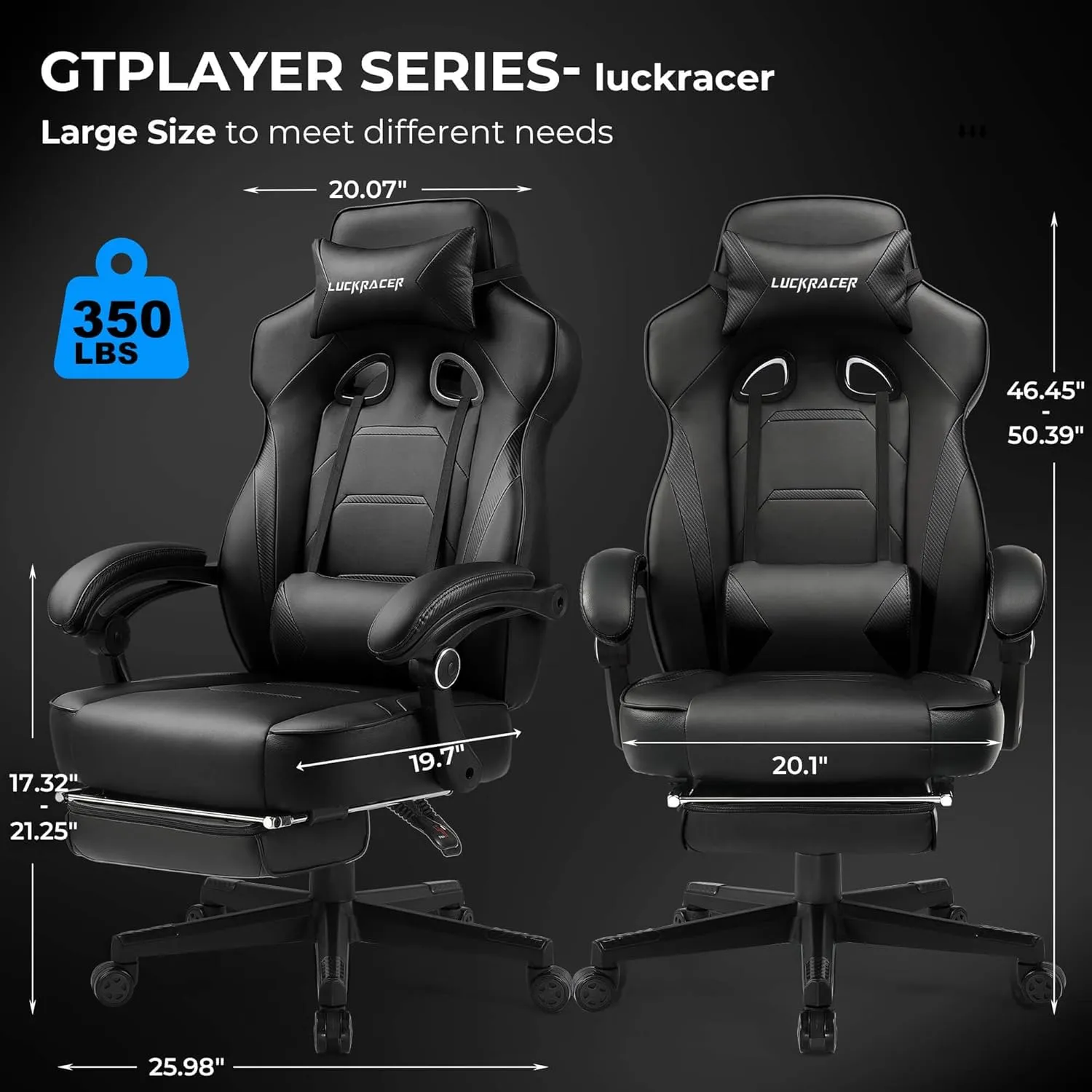 GTPLAYER Gaming Chair with Footrest, Big and Tall Computer Game Chair 350lb Racing Style, Ergonomic High Back Lumbar Support and Recliner, Black