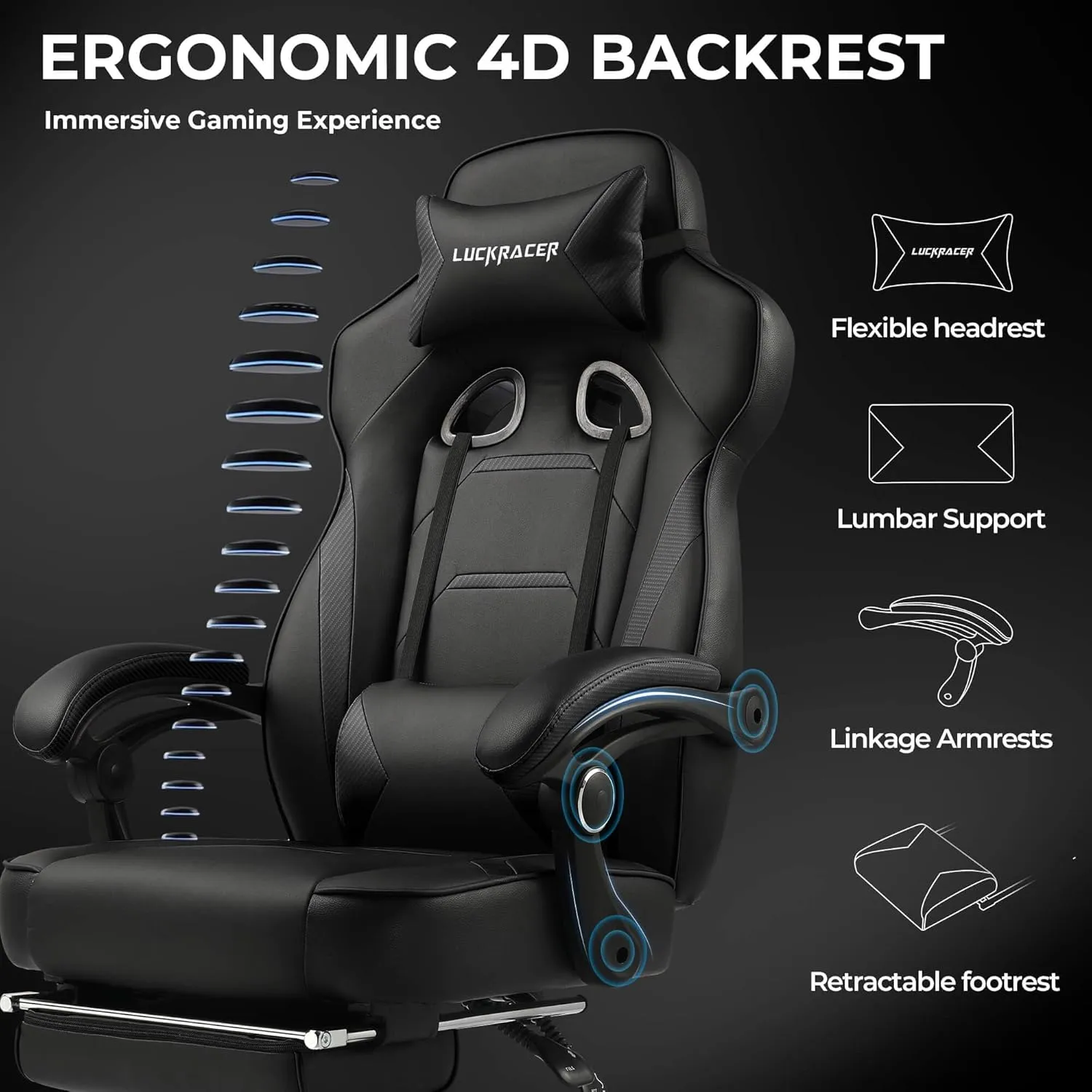 GTPLAYER Gaming Chair with Footrest, Big and Tall Computer Game Chair 350lb Racing Style, Ergonomic High Back Lumbar Support and Recliner, Black