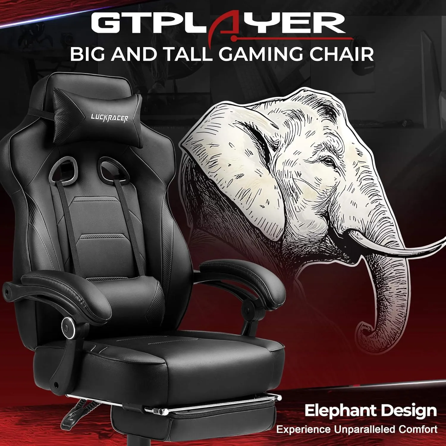 GTPLAYER Gaming Chair with Footrest, Big and Tall Computer Game Chair 350lb Racing Style, Ergonomic High Back Lumbar Support and Recliner, Black