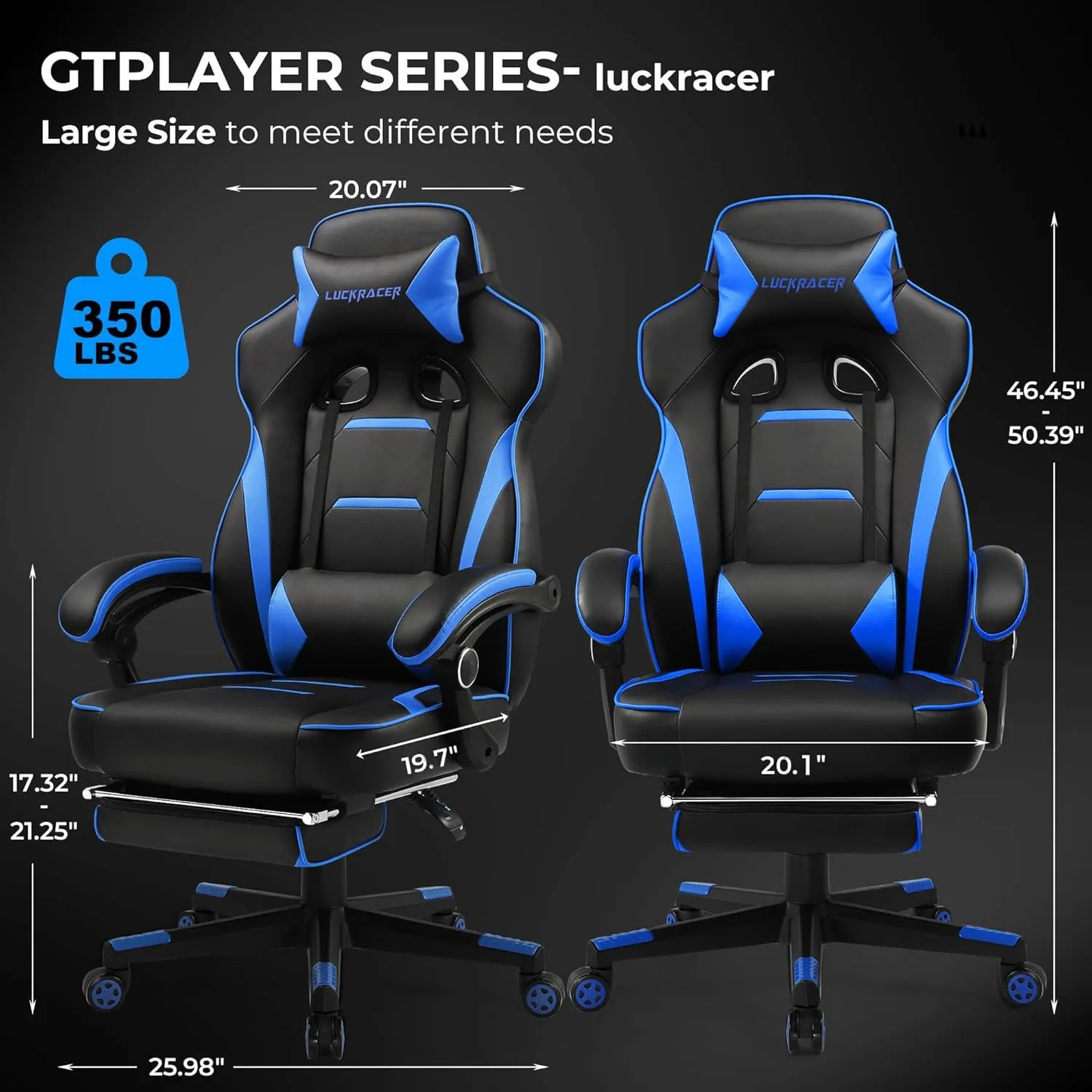 GTPLAYER Gaming Chair with Footrest, Big and Tall Game Chair 350lb Racing Style Computer Chair, Ergonomic Executive Office Chair High Back with Lumbar Support and Recliner, Blue
