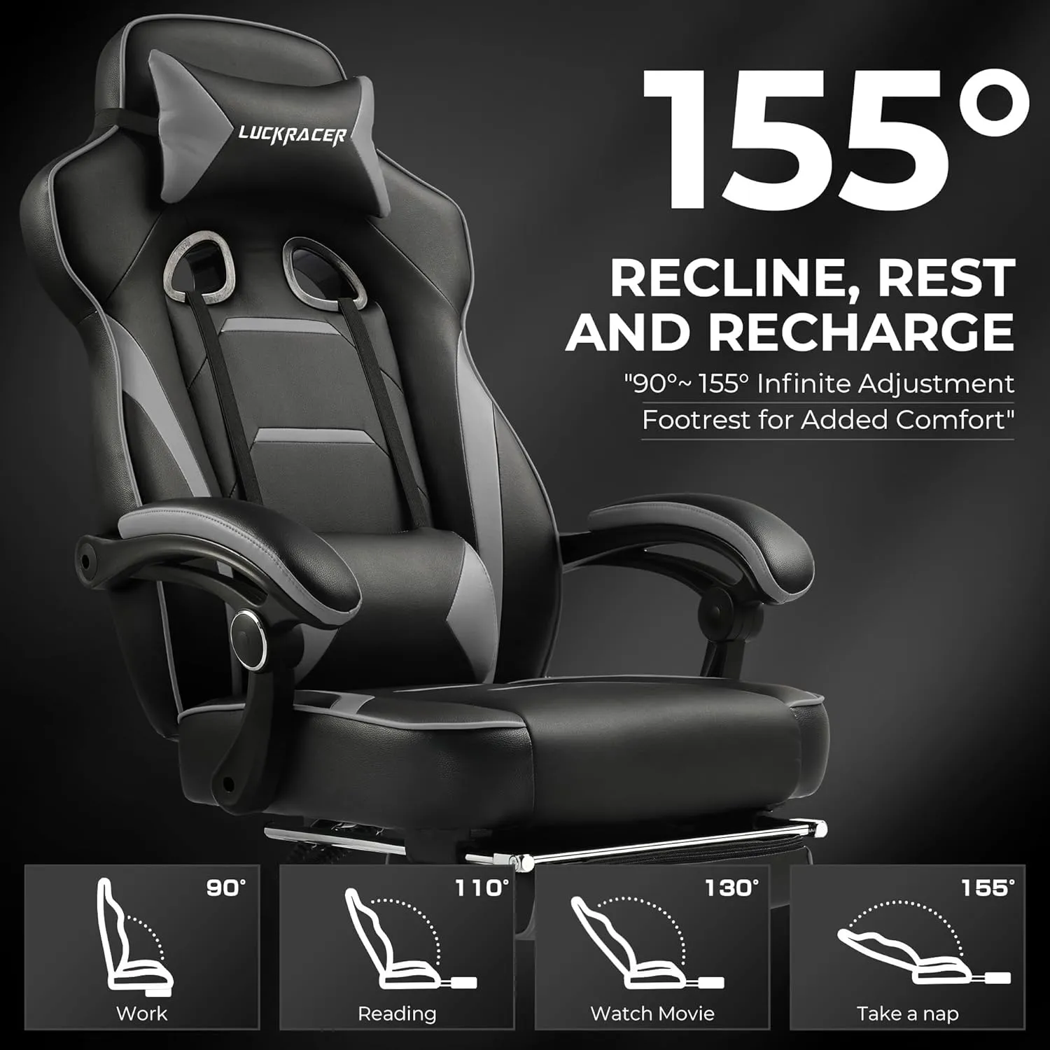 GTPLAYER Gaming Chair with Footrest, Big and Tall Game Chair 350lb Racing Style Computer Chair, Ergonomic Executive Office Chair High Back with Lumbar Support and Recliner, Light Gray