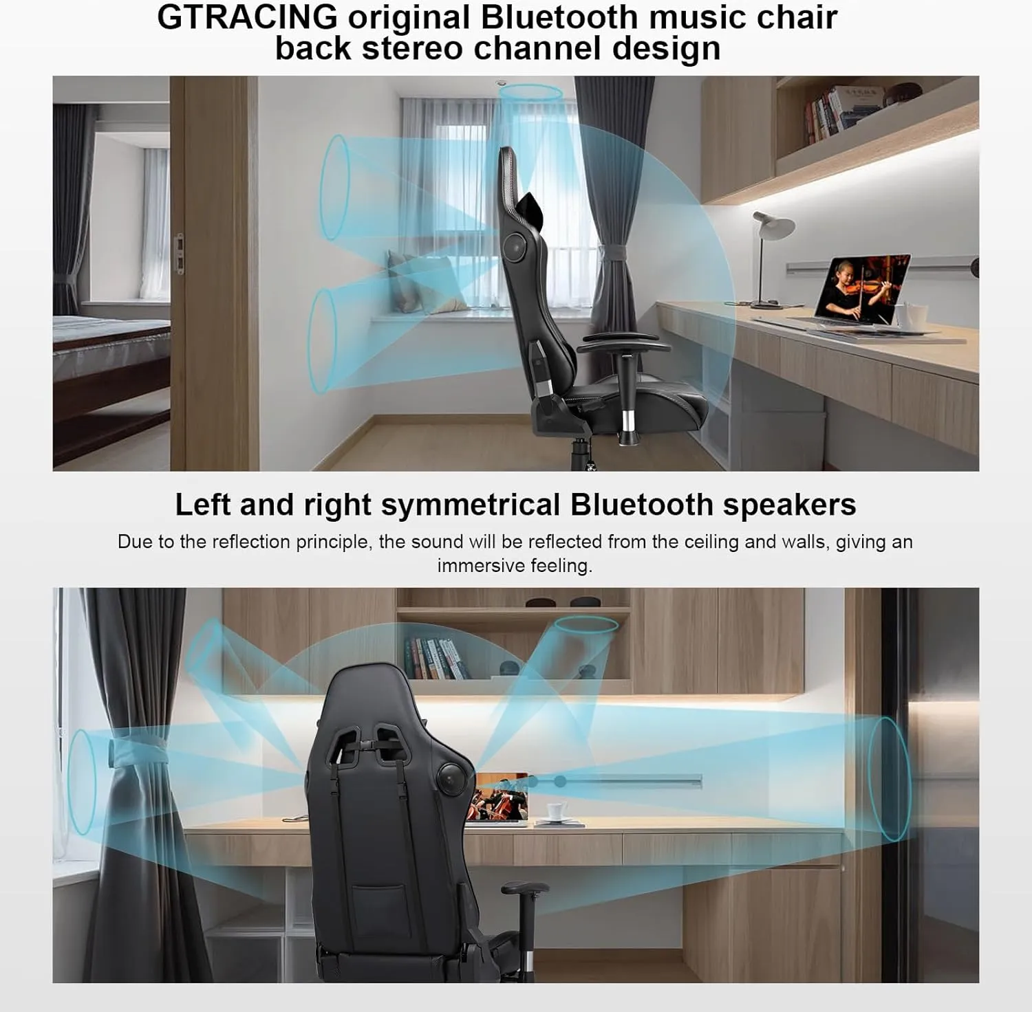 GTRACING Gaming Chair with Speakers Bluetooth Music Video Game Chair Audio Ergonomic Design Heavy Duty Office Computer Desk Chair (Black)