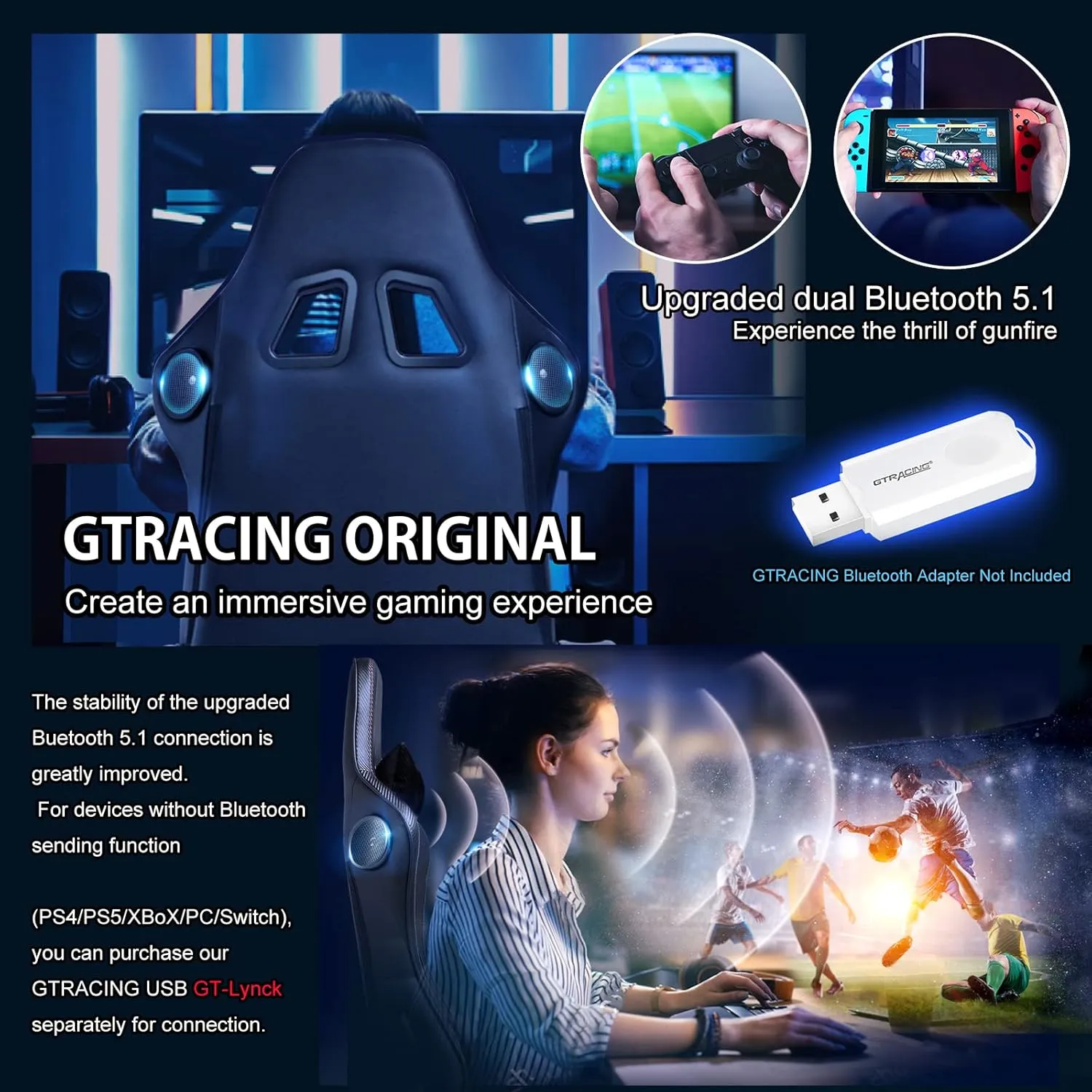 GTRACING Gaming Chair with Speakers Bluetooth Music Video Game Chair Audio Ergonomic Design Heavy Duty Office Computer Desk Chair (Black)