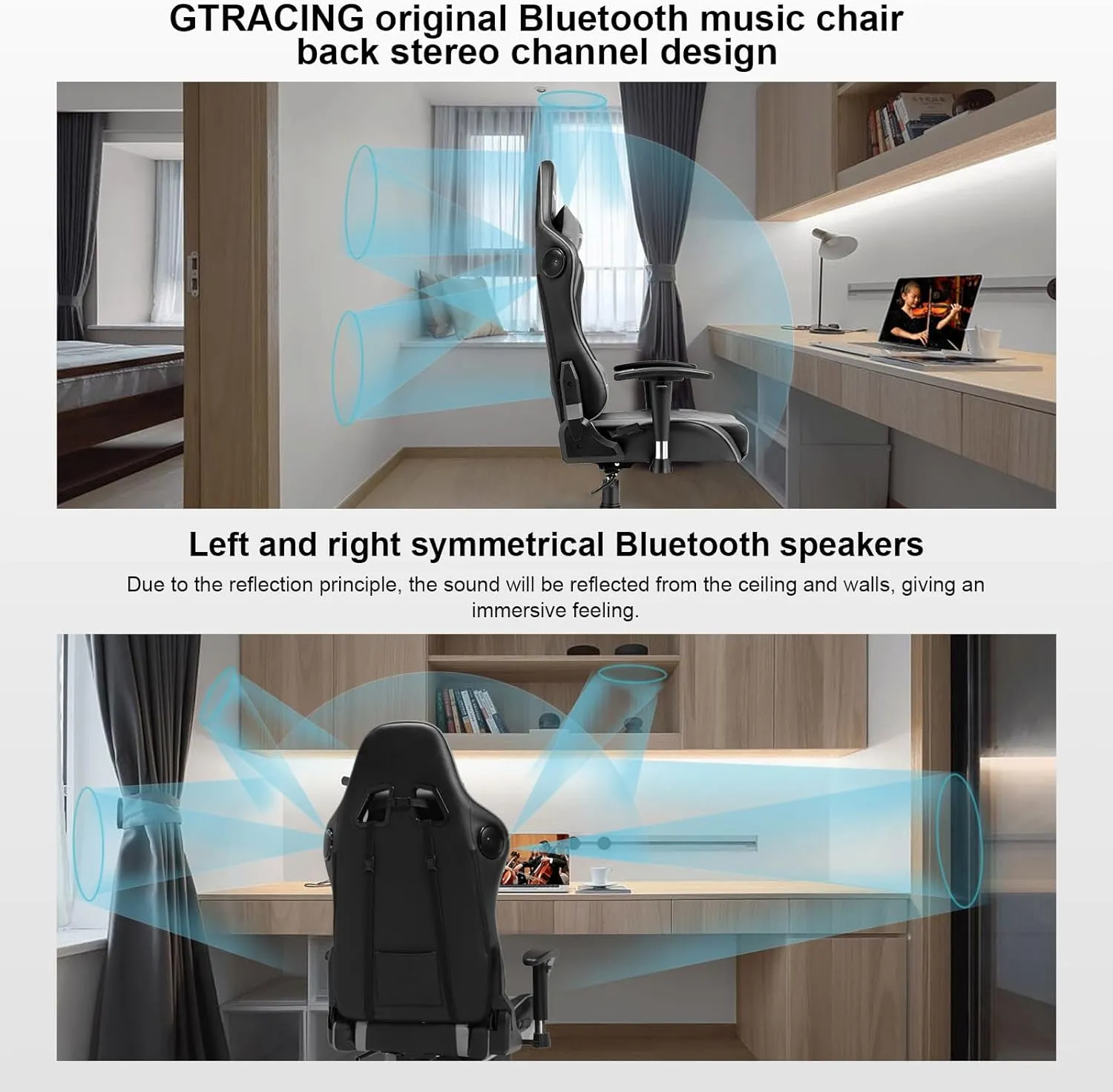 GTRACING Gaming Chair with Speakers Bluetooth Music Video Game Chair Audio Ergonomic Design Heavy Duty Office Computer Desk Chair (Grey)