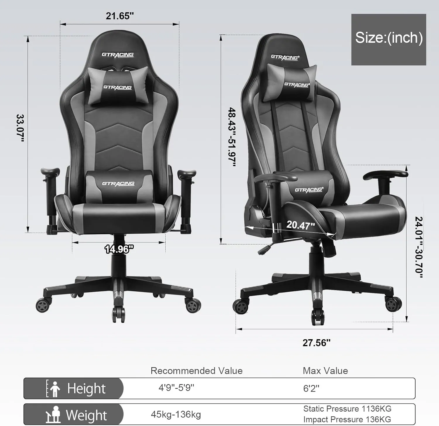 GTRACING Gaming Chair with Speakers Bluetooth Music Video Game Chair Audio Ergonomic Design Heavy Duty Office Computer Desk Chair (Grey)
