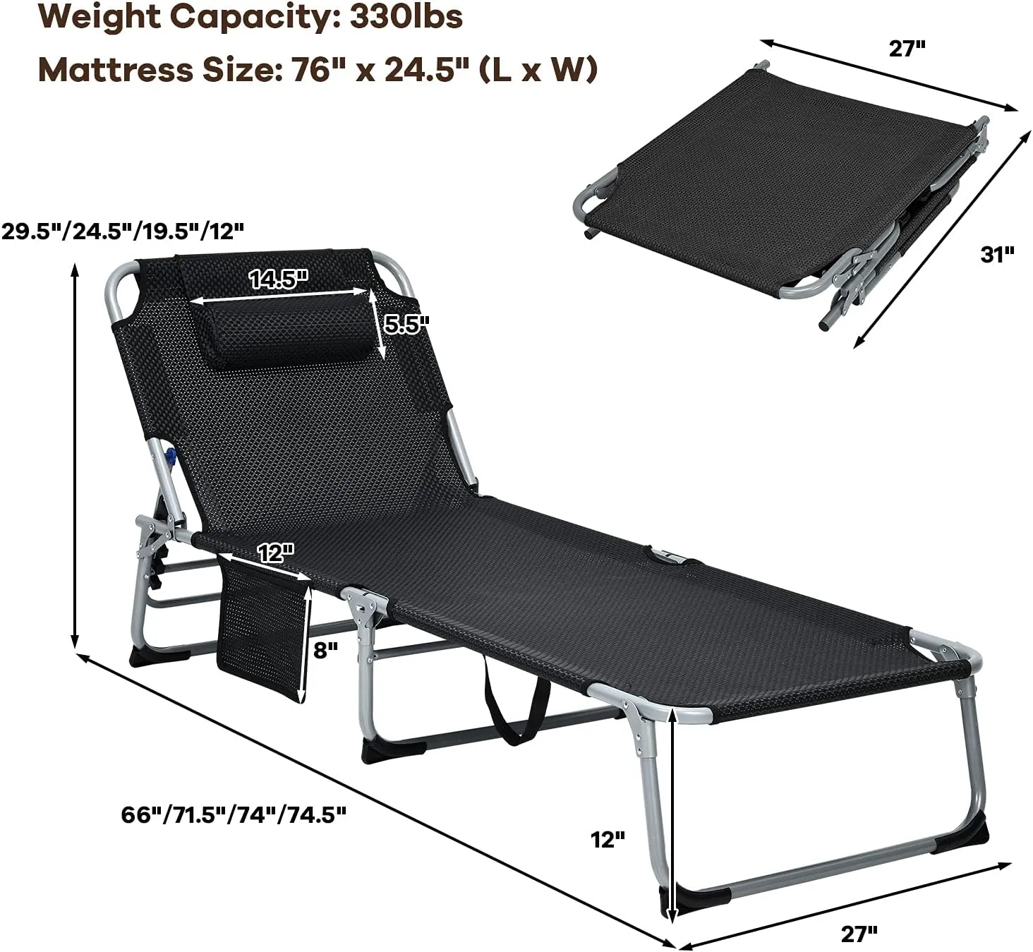 GYMAX Camping Cot, 27” Lounge Chair Outdoor w/Mattress, Headrest, Side Pocket & Carry Strap, 3 in 1 Folding Layout Tanning Lounger, Portable Sleeping Bed for Adults, Lawn, Beach (2, Black)