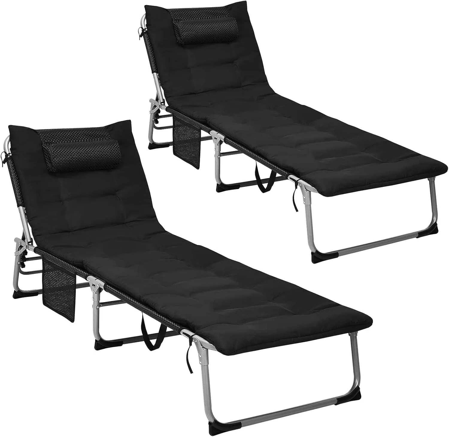 GYMAX Camping Cot, 27” Lounge Chair Outdoor w/Mattress, Headrest, Side Pocket & Carry Strap, 3 in 1 Folding Layout Tanning Lounger, Portable Sleeping Bed for Adults, Lawn, Beach (2, Black)