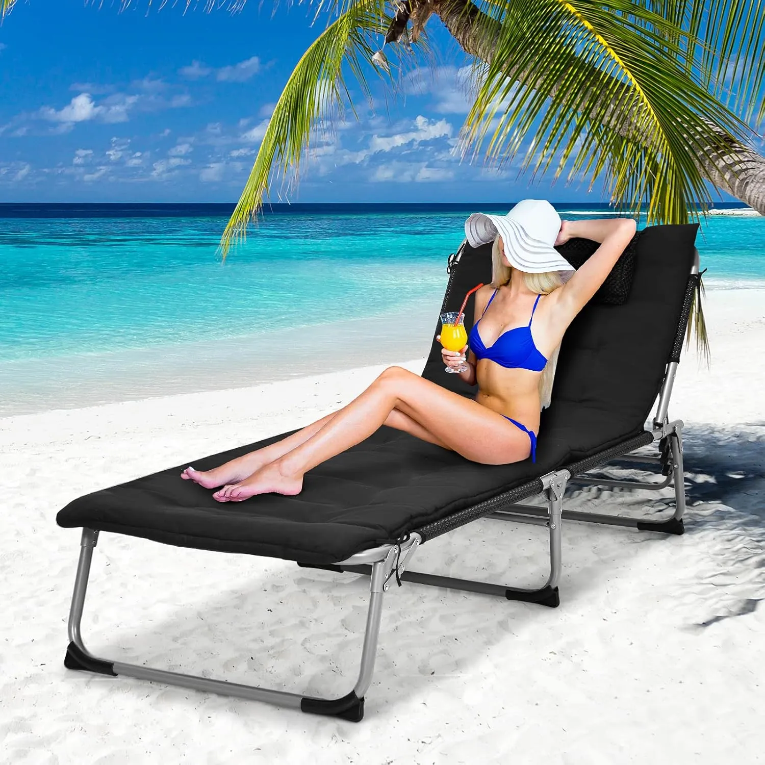 GYMAX Camping Cot, 27” Lounge Chair Outdoor w/Mattress, Headrest, Side Pocket & Carry Strap, 3 in 1 Folding Layout Tanning Lounger, Portable Sleeping Bed for Adults, Lawn, Beach (2, Black)