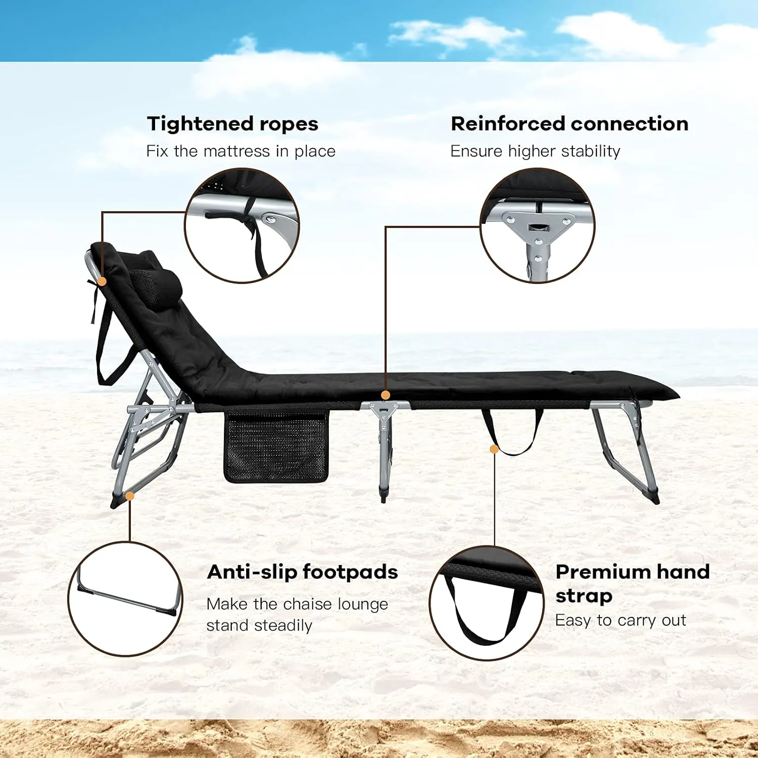GYMAX Camping Cot, 27” Lounge Chair Outdoor w/Mattress, Headrest, Side Pocket & Carry Strap, 3 in 1 Folding Layout Tanning Lounger, Portable Sleeping Bed for Adults, Lawn, Beach (2, Black)