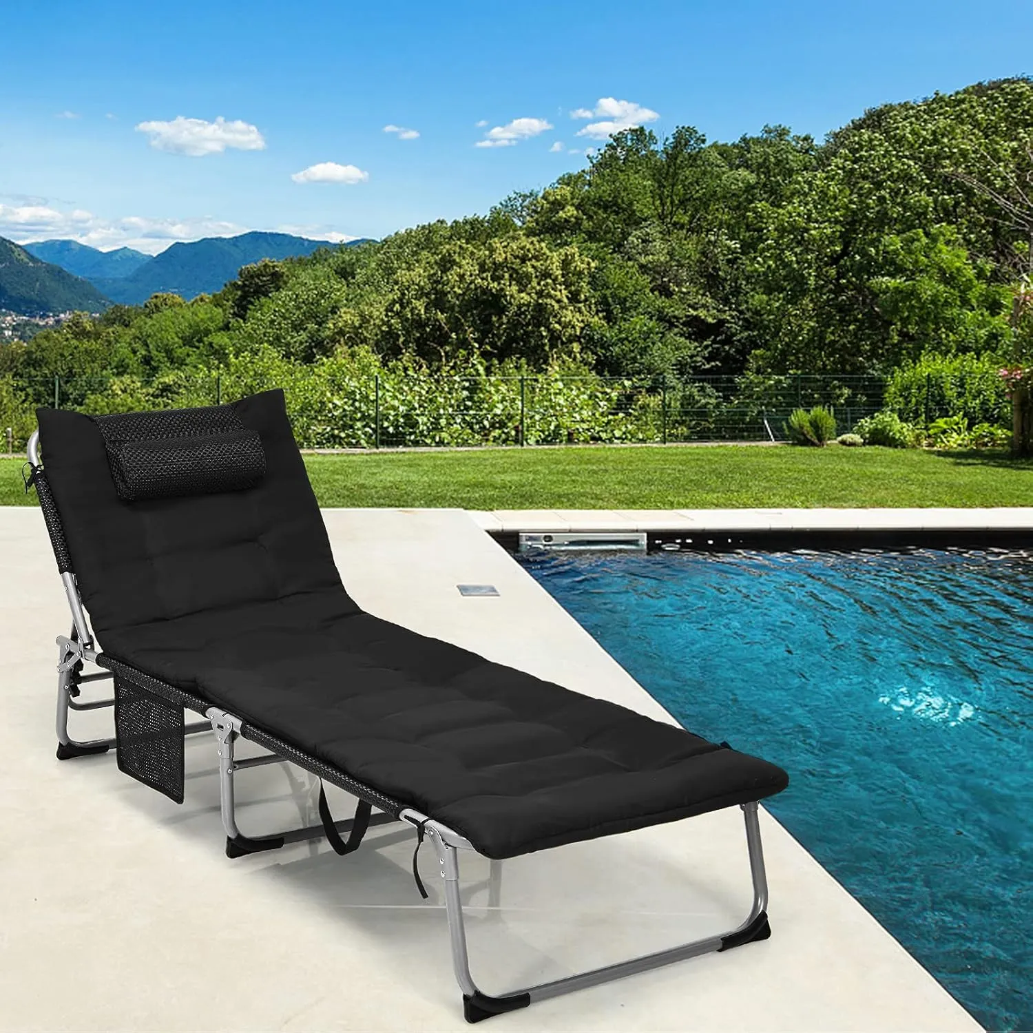 GYMAX Camping Cot, 27” Lounge Chair Outdoor w/Mattress, Headrest, Side Pocket & Carry Strap, 3 in 1 Folding Layout Tanning Lounger, Portable Sleeping Bed for Adults, Lawn, Beach (2, Black)