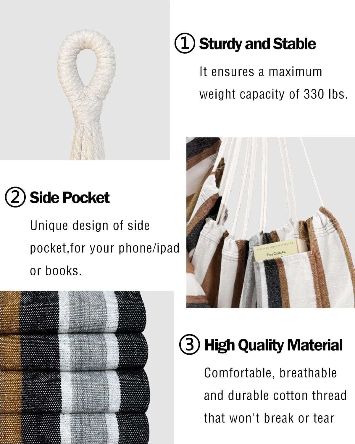 Halalona Hammock Chair Hanging Hammock Chair Rope Swing 2 Cushions Included-Sturdy & Durable Soft Cotton Hand Woven Hammock Swing for Bedroom, Porch, Patio-Indoor/Outdoor