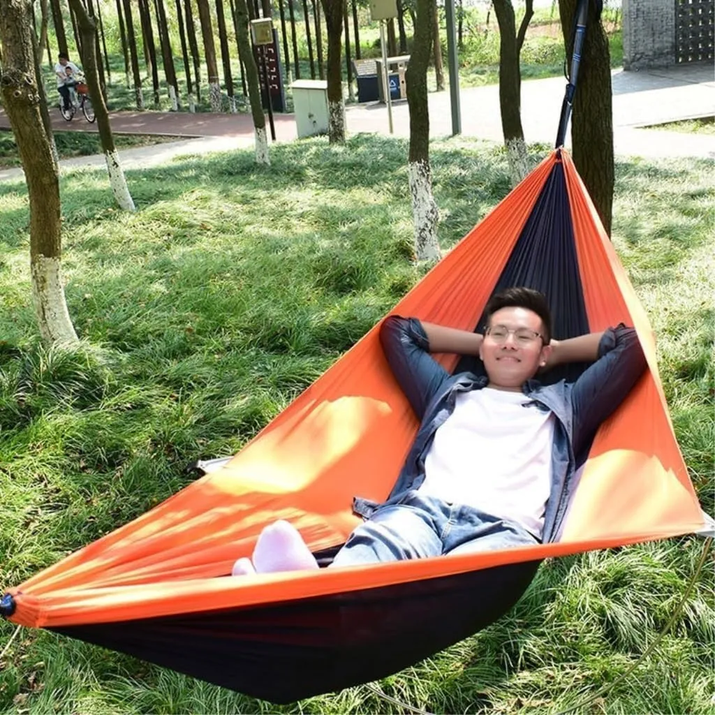 Hammocks Anti-Rollover Pole Hammock Outdoor Camping Single Double Enlarged Thickened Parachute Cloth Camping Hammock Camping Hammocks(Blue,A)