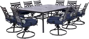 Hanover Montclair 11-Piece Patio Dining Set with 10 Swivel Rocker Chairs, Accent Lumbar Pillows and 84"x60" Steel Stamped Rectangular Table, Large Outdoor Patio Dining Set for 10, Navy Blue