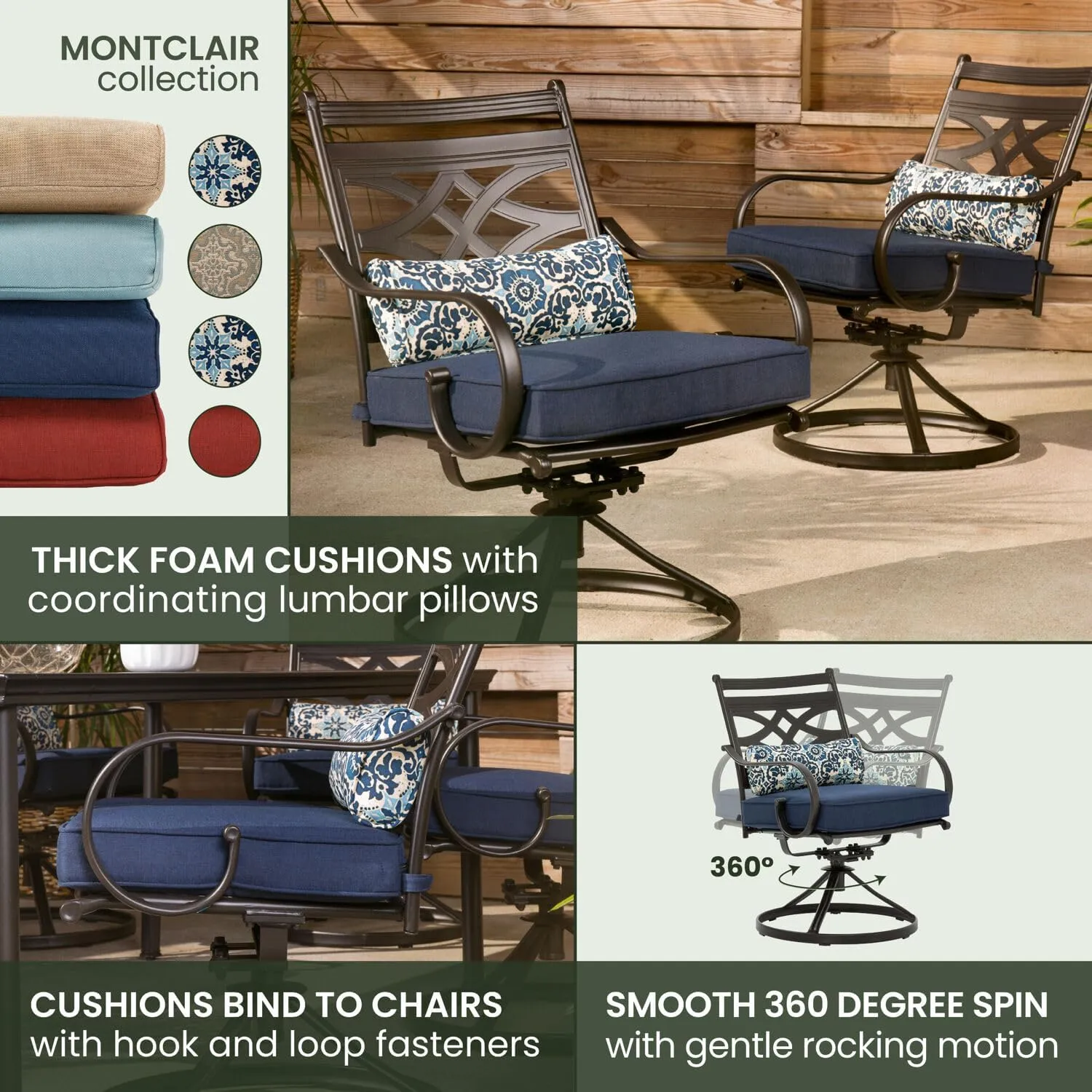 Hanover Montclair 11-Piece Patio Dining Set with 10 Swivel Rocker Chairs, Accent Lumbar Pillows and 84"x60" Steel Stamped Rectangular Table, Large Outdoor Patio Dining Set for 10, Navy Blue
