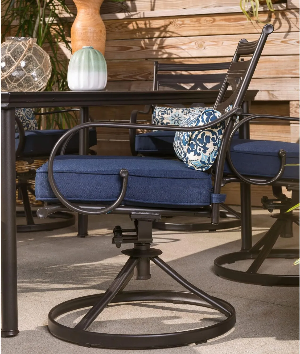 Hanover Montclair 11-Piece Patio Dining Set with 10 Swivel Rocker Chairs, Accent Lumbar Pillows and 84"x60" Steel Stamped Rectangular Table, Large Outdoor Patio Dining Set for 10, Navy Blue