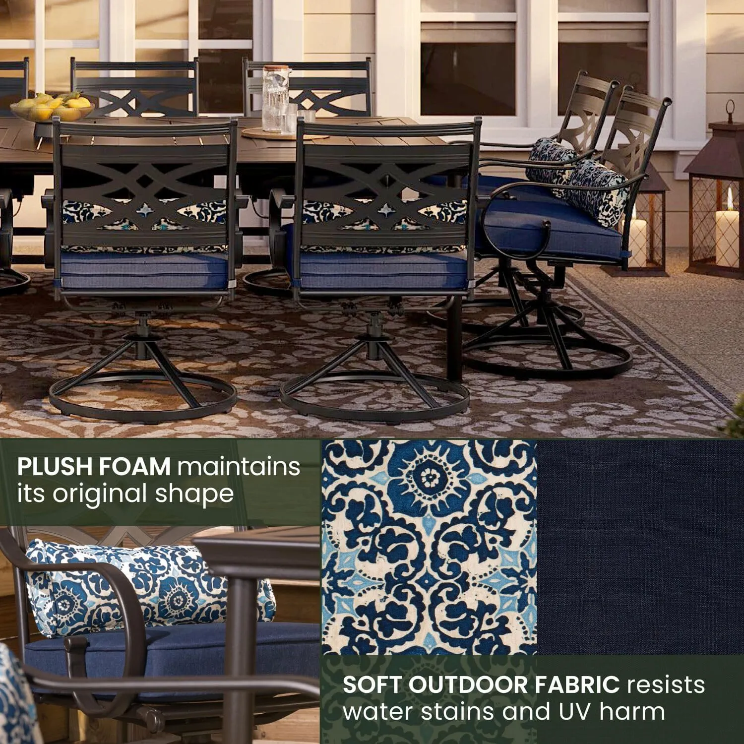 Hanover Montclair 11-Piece Patio Dining Set with 10 Swivel Rocker Chairs, Accent Lumbar Pillows and 84"x60" Steel Stamped Rectangular Table, Large Outdoor Patio Dining Set for 10, Navy Blue