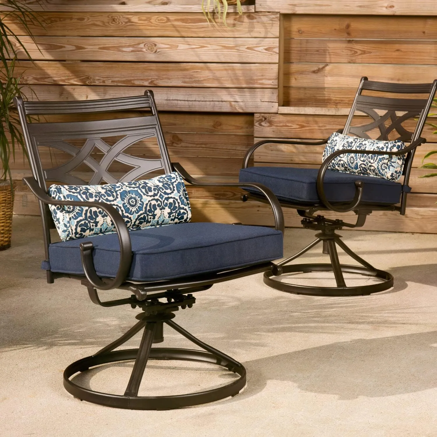 Hanover Montclair 11-Piece Patio Dining Set with 10 Swivel Rocker Chairs, Accent Lumbar Pillows and 84"x60" Steel Stamped Rectangular Table, Large Outdoor Patio Dining Set for 10, Navy Blue