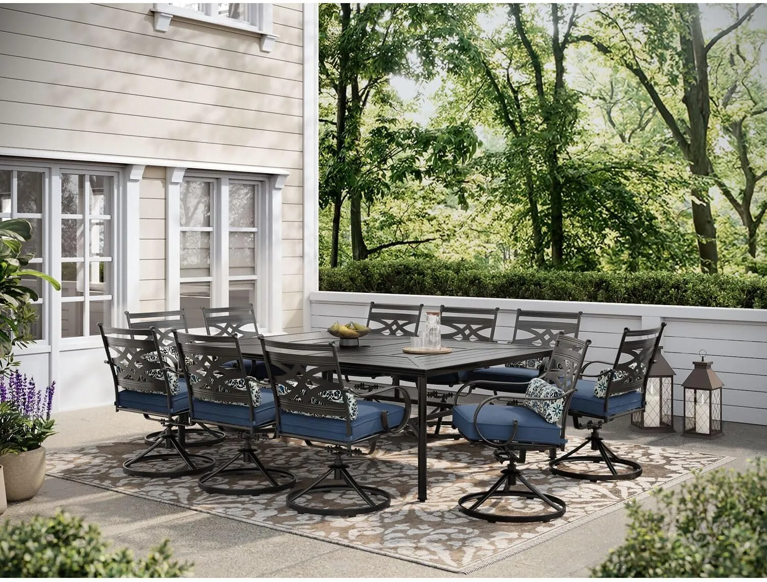 Hanover Montclair 11-Piece Patio Dining Set with 10 Swivel Rocker Chairs, Accent Lumbar Pillows and 84"x60" Steel Stamped Rectangular Table, Large Outdoor Patio Dining Set for 10, Navy Blue