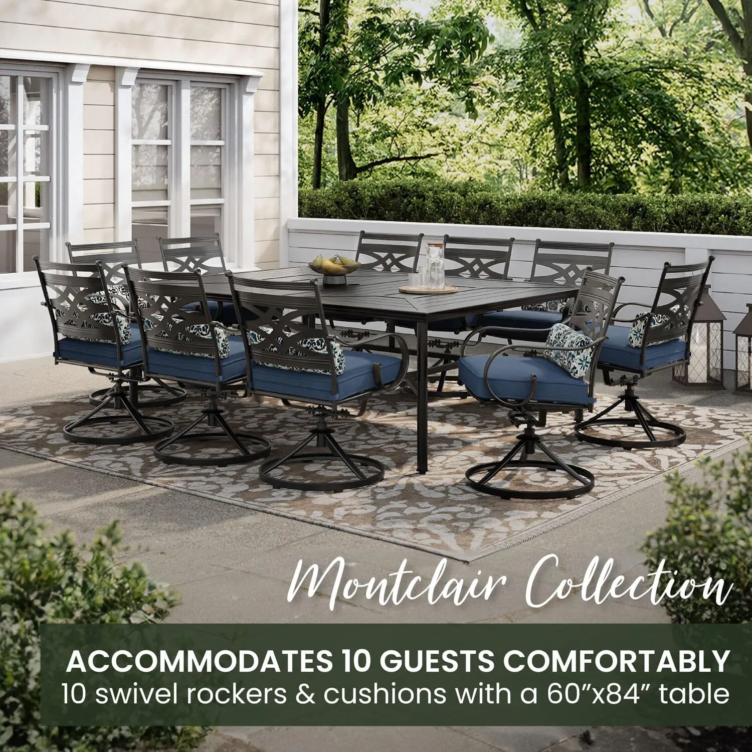 Hanover Montclair 11-Piece Patio Dining Set with 10 Swivel Rocker Chairs, Accent Lumbar Pillows and 84"x60" Steel Stamped Rectangular Table, Large Outdoor Patio Dining Set for 10, Navy Blue