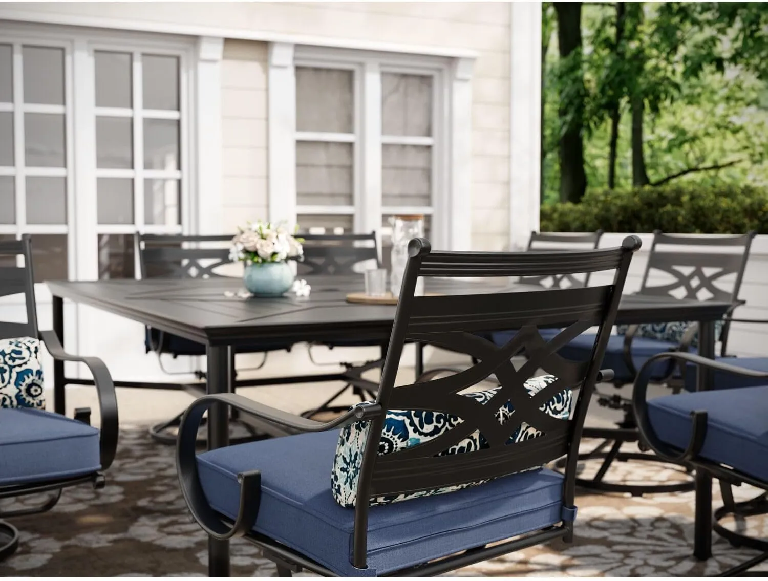 Hanover Montclair 11-Piece Patio Dining Set with 10 Swivel Rocker Chairs, Accent Lumbar Pillows and 84"x60" Steel Stamped Rectangular Table, Large Outdoor Patio Dining Set for 10, Navy Blue