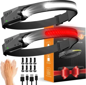 Headlamps Rechargeable with Red Light 2 Pack, 230° Wide Beam Running LED Head Lamp for Adults, Headlights for Head with Motion Sensor, Hard Hat Light Flashlight for Runners, Camping, Hiking, Fishing