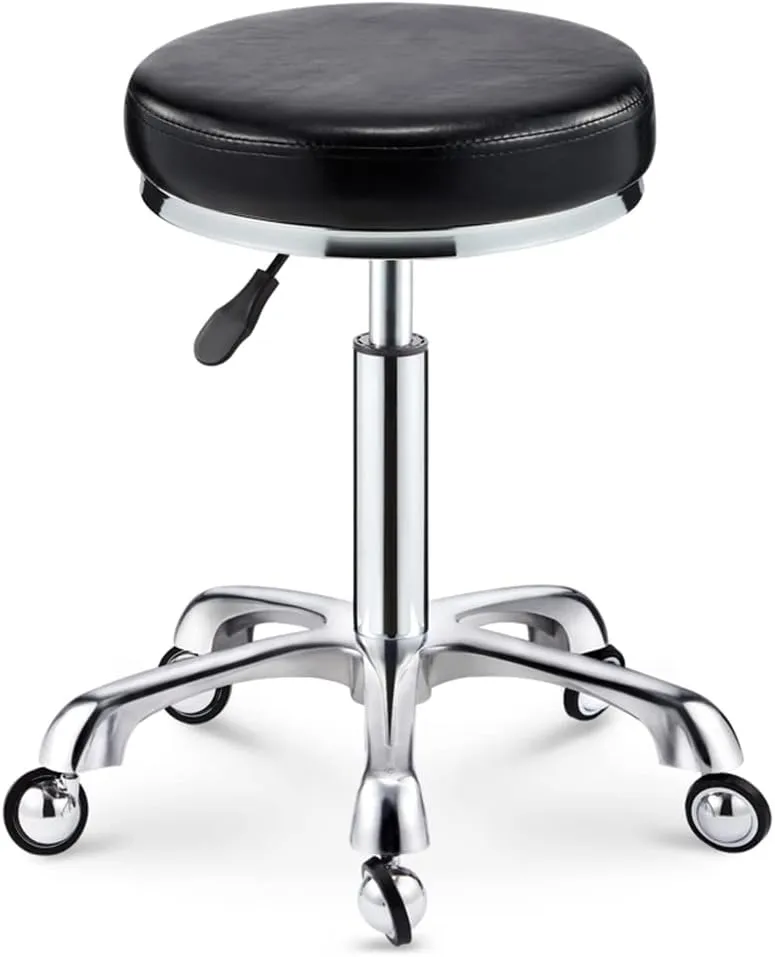 Heavy Duty Adjustable Height Work Shop Stool,Load-Bearing 440 Ib PU Leather Round Rolling Stool Swivel Salon Hairdressing Stool with Wheels That are Not Easy to Wrap Whit,White (Black)