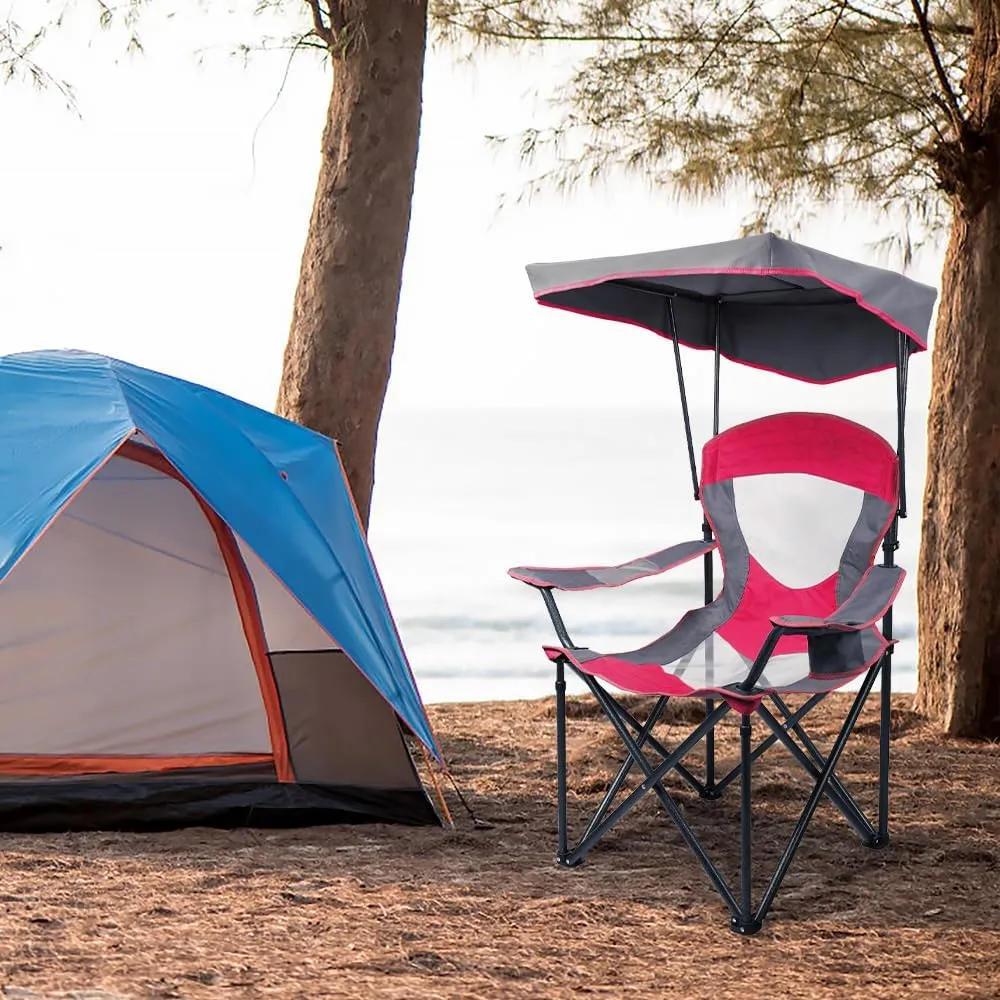Heavy Duty Canopy Lounge Chair Sunshade Hiking Travel Chair, Foldable Canopy Shade Chair for Outdoor, Camping, Support 350 LBS, 2 Pack, Red