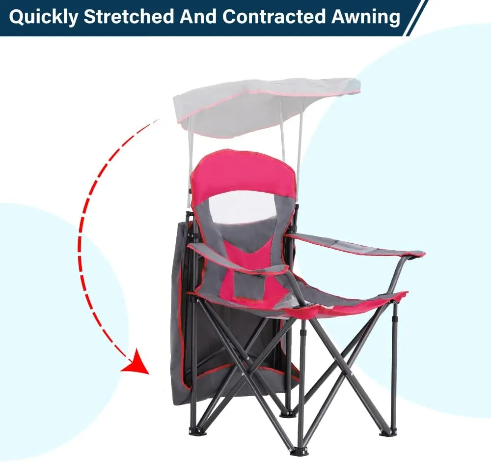 Heavy Duty Canopy Lounge Chair Sunshade Hiking Travel Chair, Foldable Canopy Shade Chair for Outdoor, Camping, Support 350 LBS, 2 Pack, Red