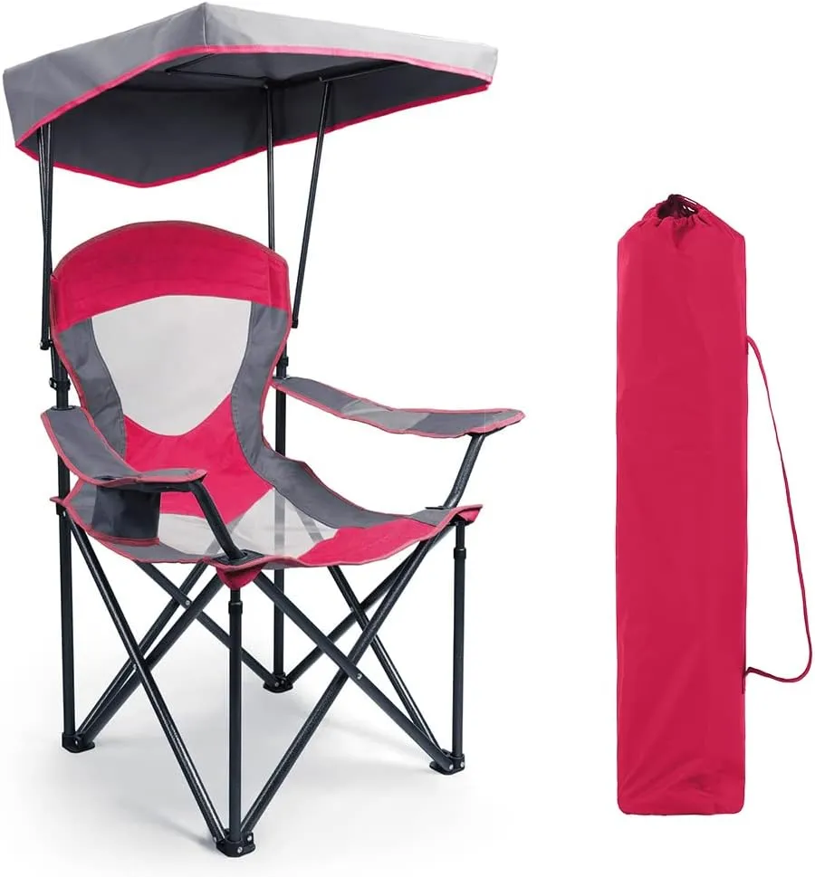 Heavy Duty Canopy Lounge Chair Sunshade Hiking Travel Chair, Foldable Canopy Shade Chair for Outdoor, Camping, Support 350 LBS, 2 Pack, Red