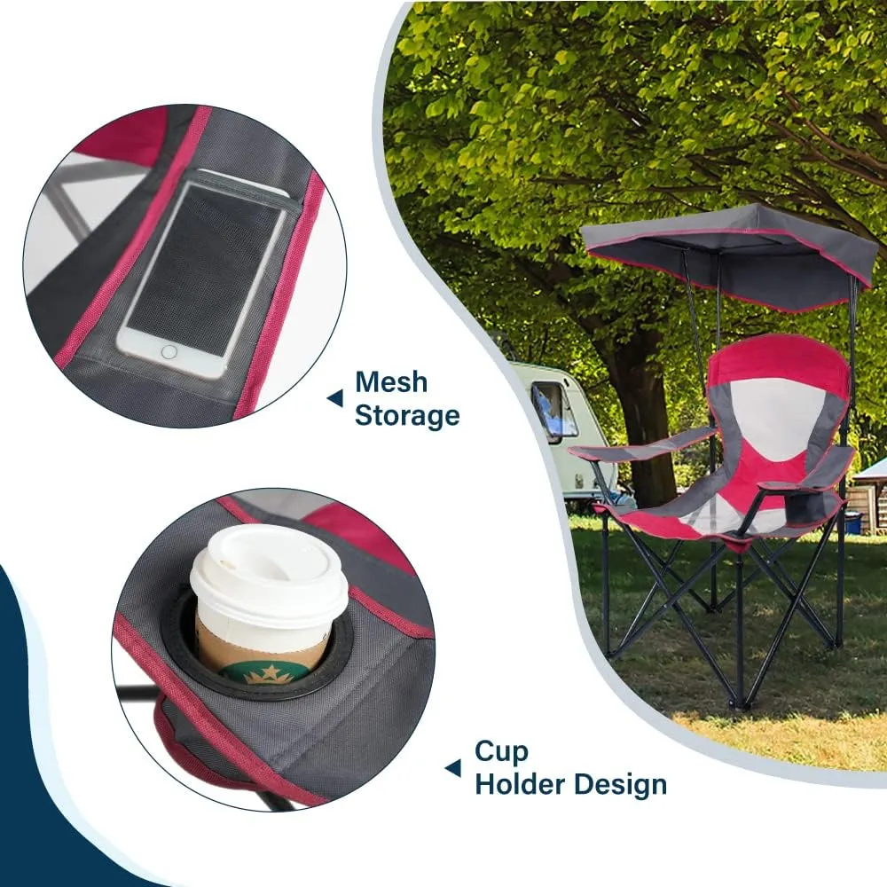Heavy Duty Canopy Lounge Chair Sunshade Hiking Travel Chair, Foldable Canopy Shade Chair for Outdoor, Camping, Support 350 LBS, 2 Pack, Red