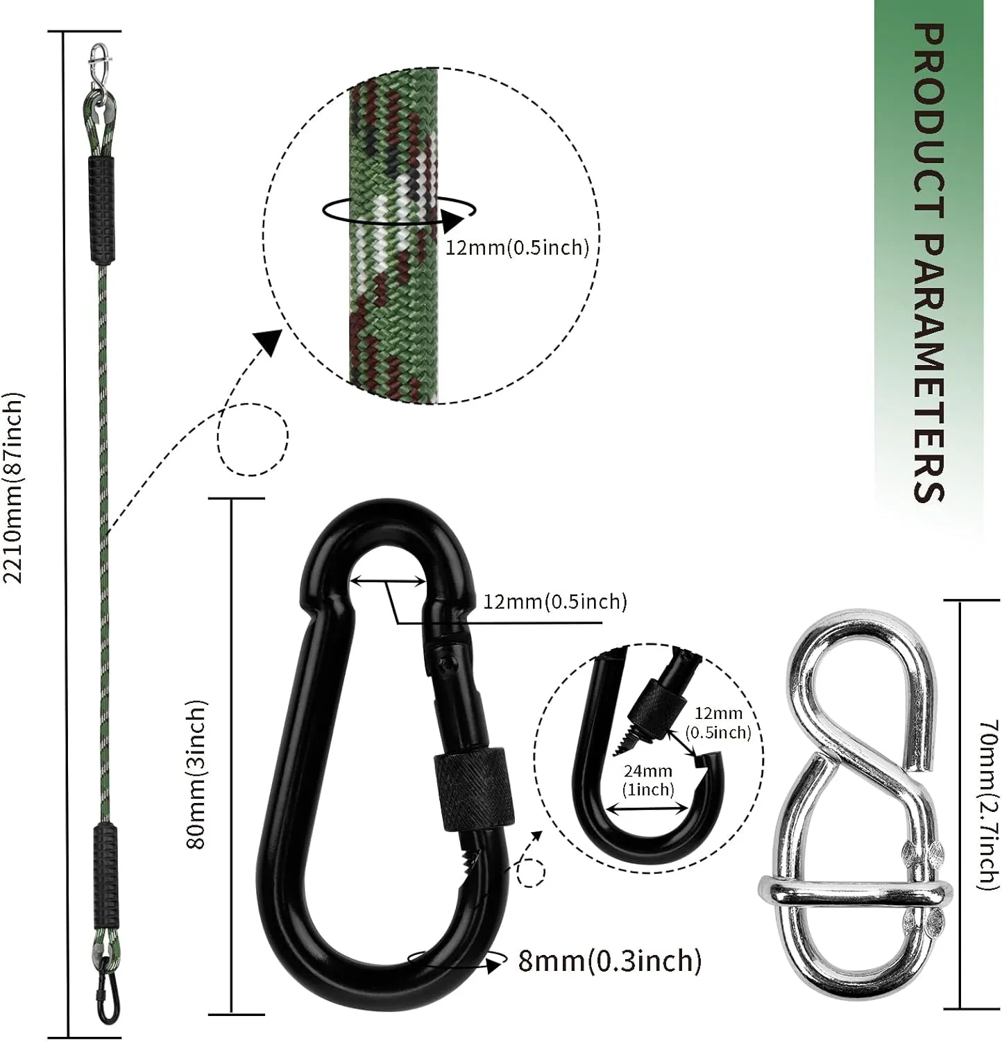 Heavy Duty Tree Swing Ropes Hammock, Adjustable Extendable Hanging Straps, Carabiners 1000lbs for All Swings Hammock Playground Set Accessories 7.25ft(87") of 2, Green
