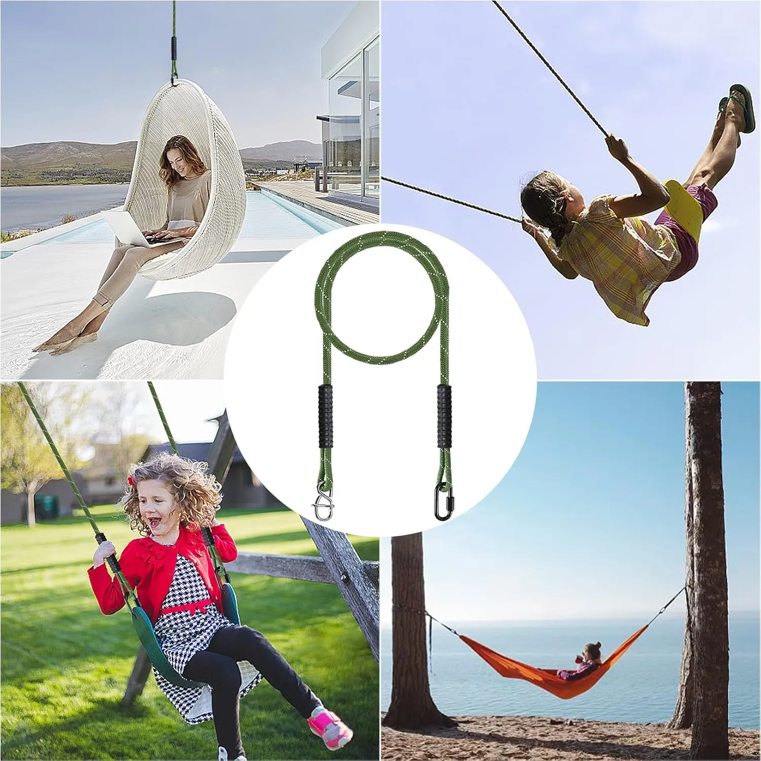 Heavy Duty Tree Swing Ropes Hammock, Hanging Straps, Adjustable Extendable for Outdoor Swings Hammock Playground Set Accessories, 7.25ft(87") of 2, Green
